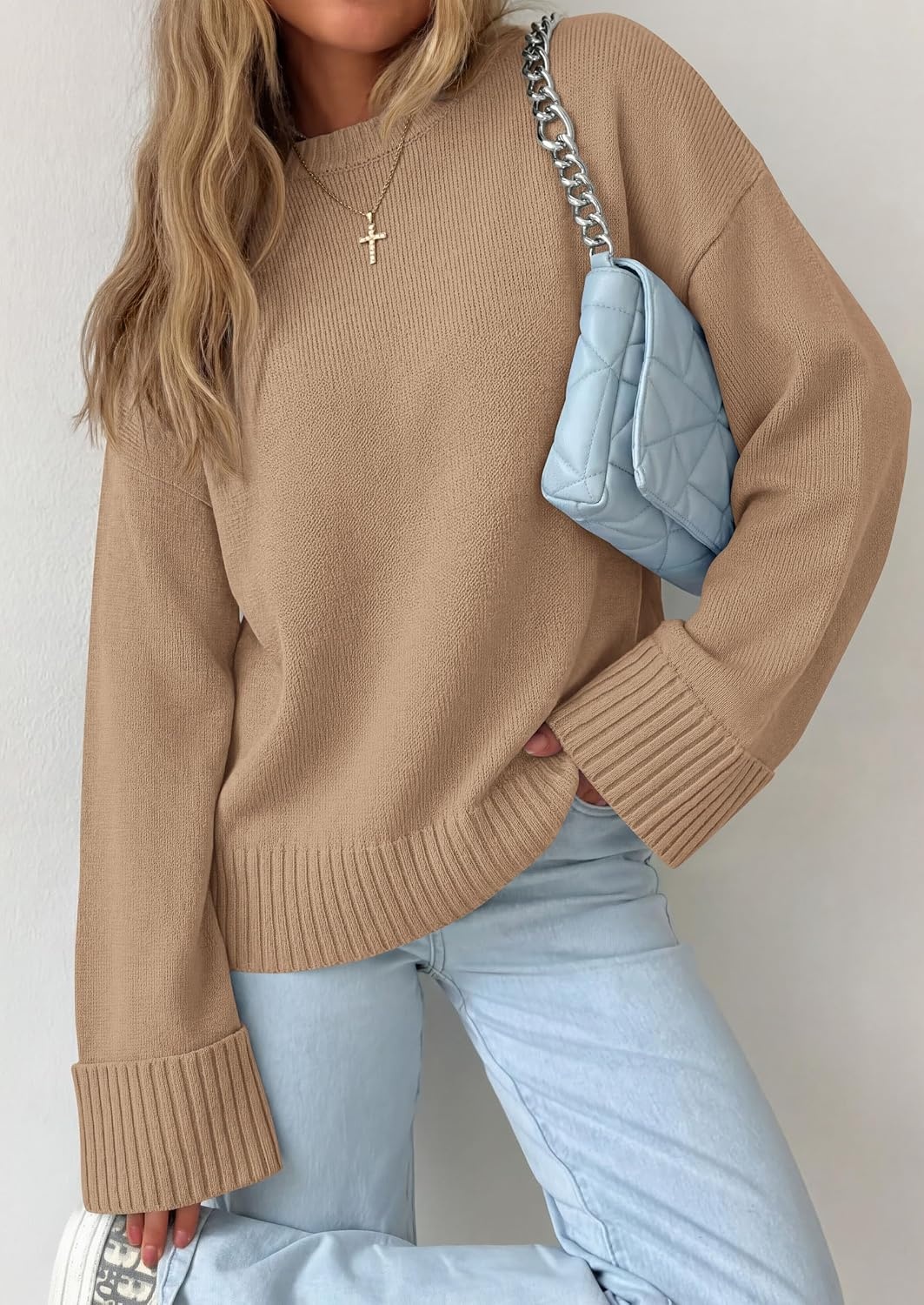 image:imagePRETTYGARDEN Oversized Sweater Womens Crewneck Long Sleeve TopsKhaki