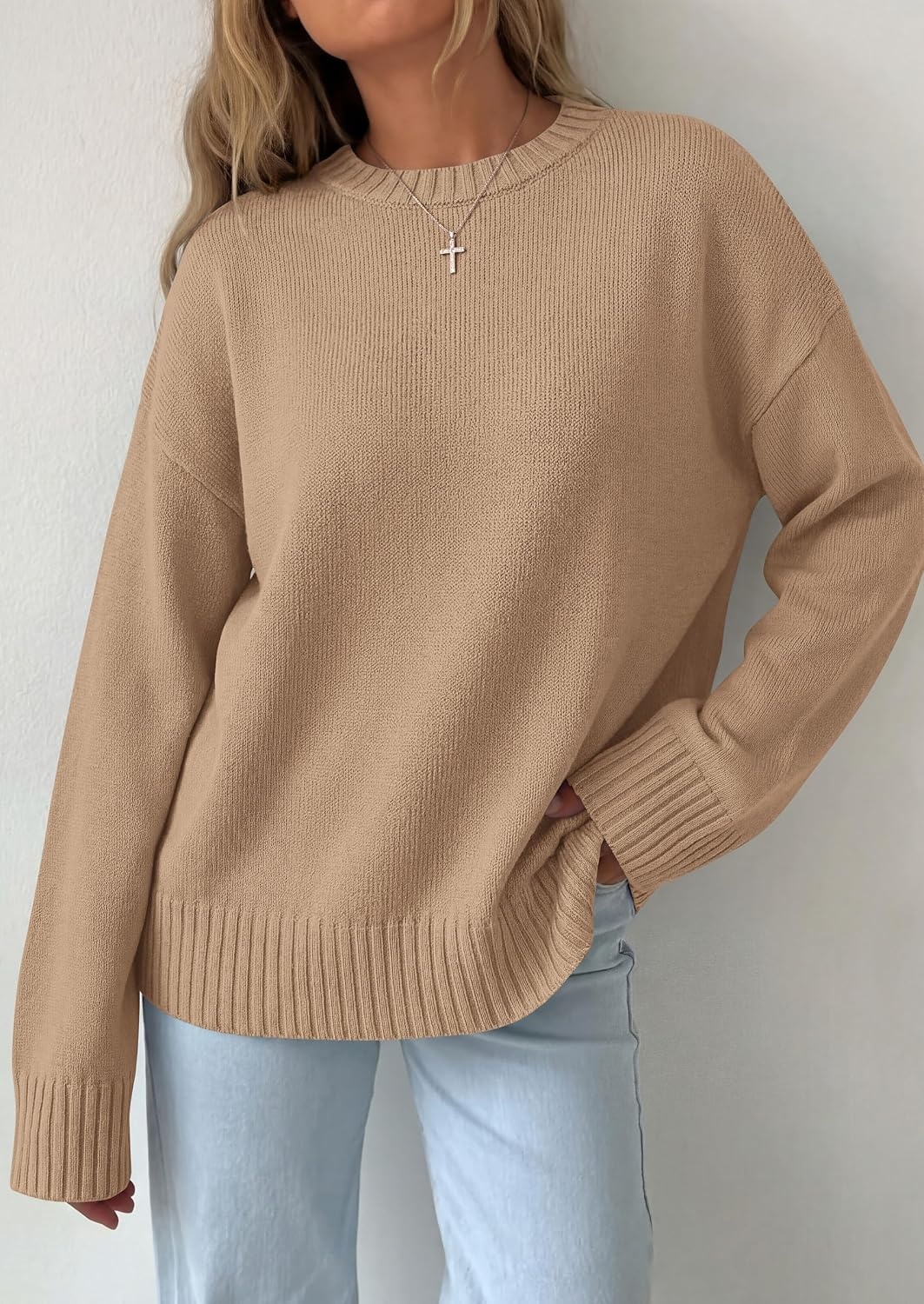 image:imagePRETTYGARDEN Oversized Sweater Womens Crewneck Long Sleeve TopsKhaki