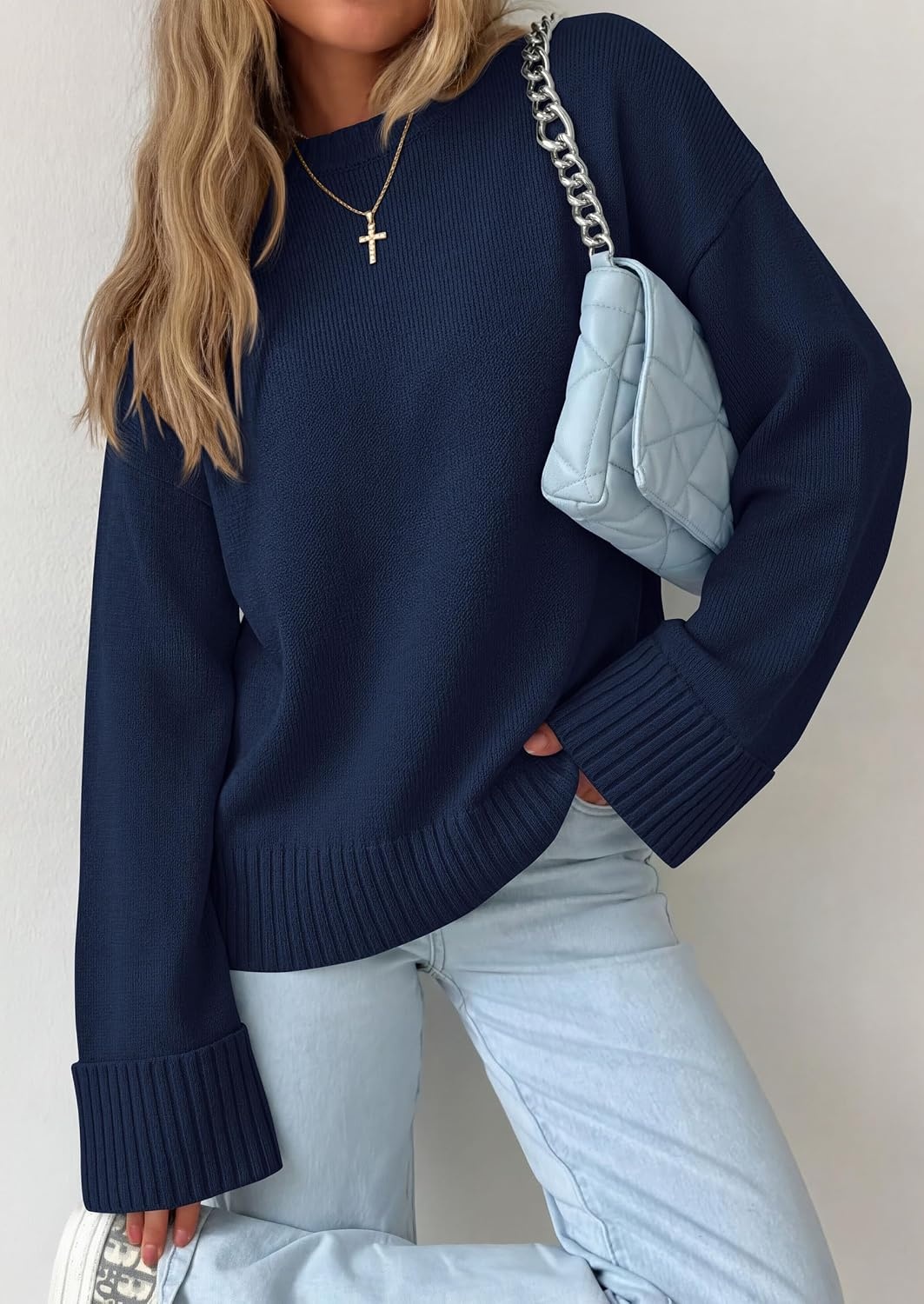 image:imagePRETTYGARDEN Oversized Sweater Womens Crewneck Long Sleeve TopsNavy Blue