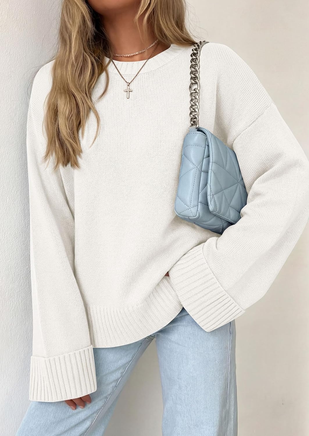 image:imagePRETTYGARDEN Oversized Sweater Womens Crewneck Long Sleeve TopsWhite