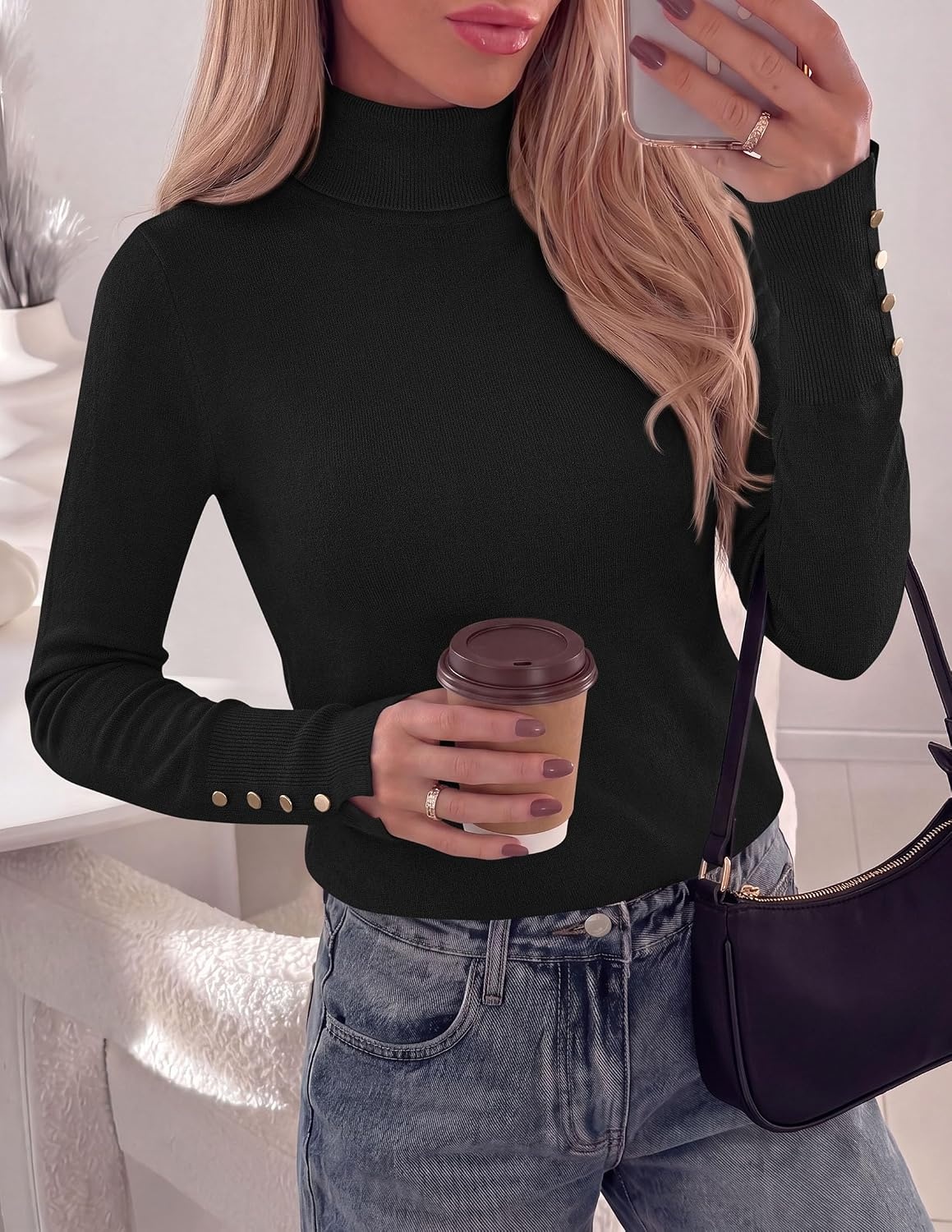 image:imagePRETTYGARDEN Women Turtleneck Sweaters Fall Long Sleeve TopsBlack