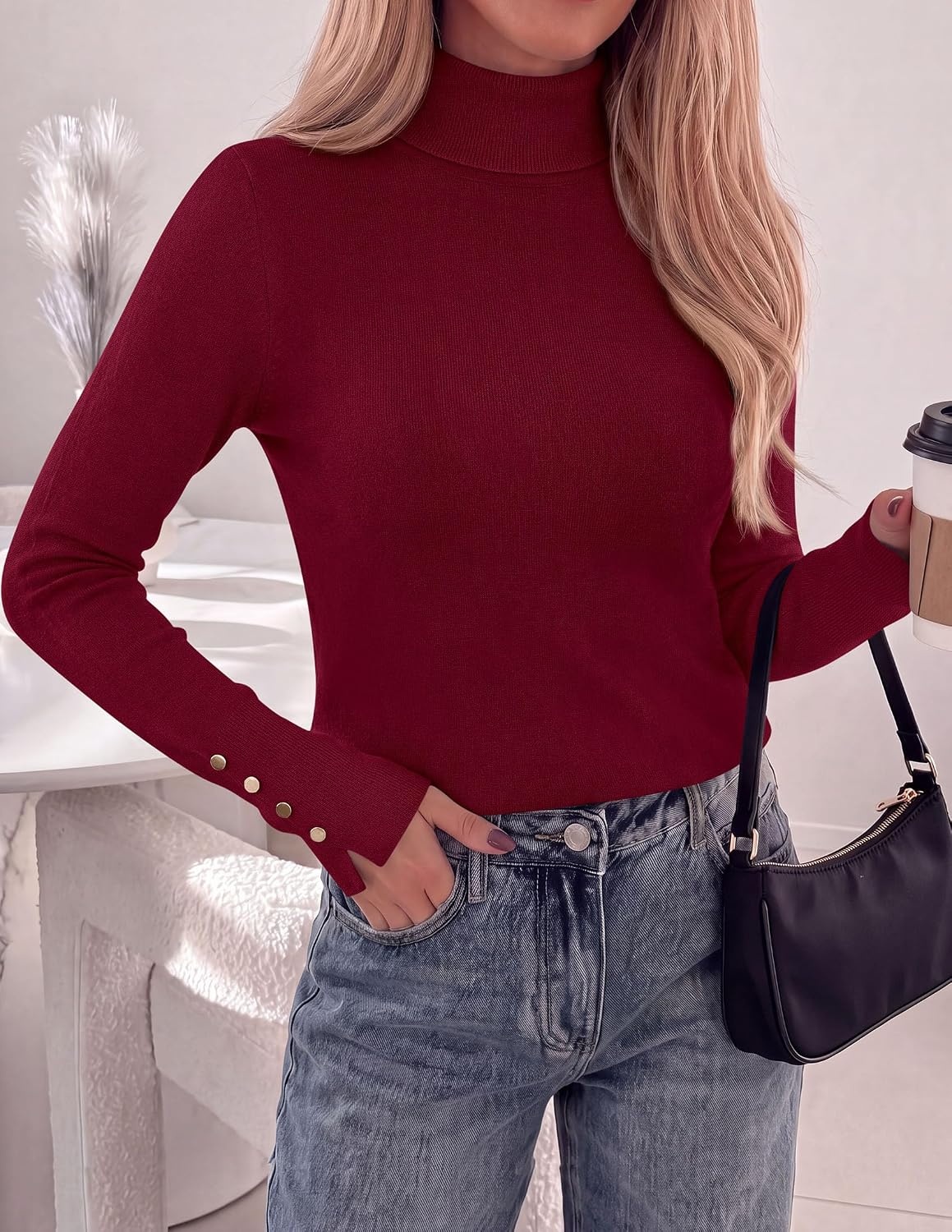 image:imagePRETTYGARDEN Women Turtleneck Sweaters Fall Long Sleeve TopsBurgundy