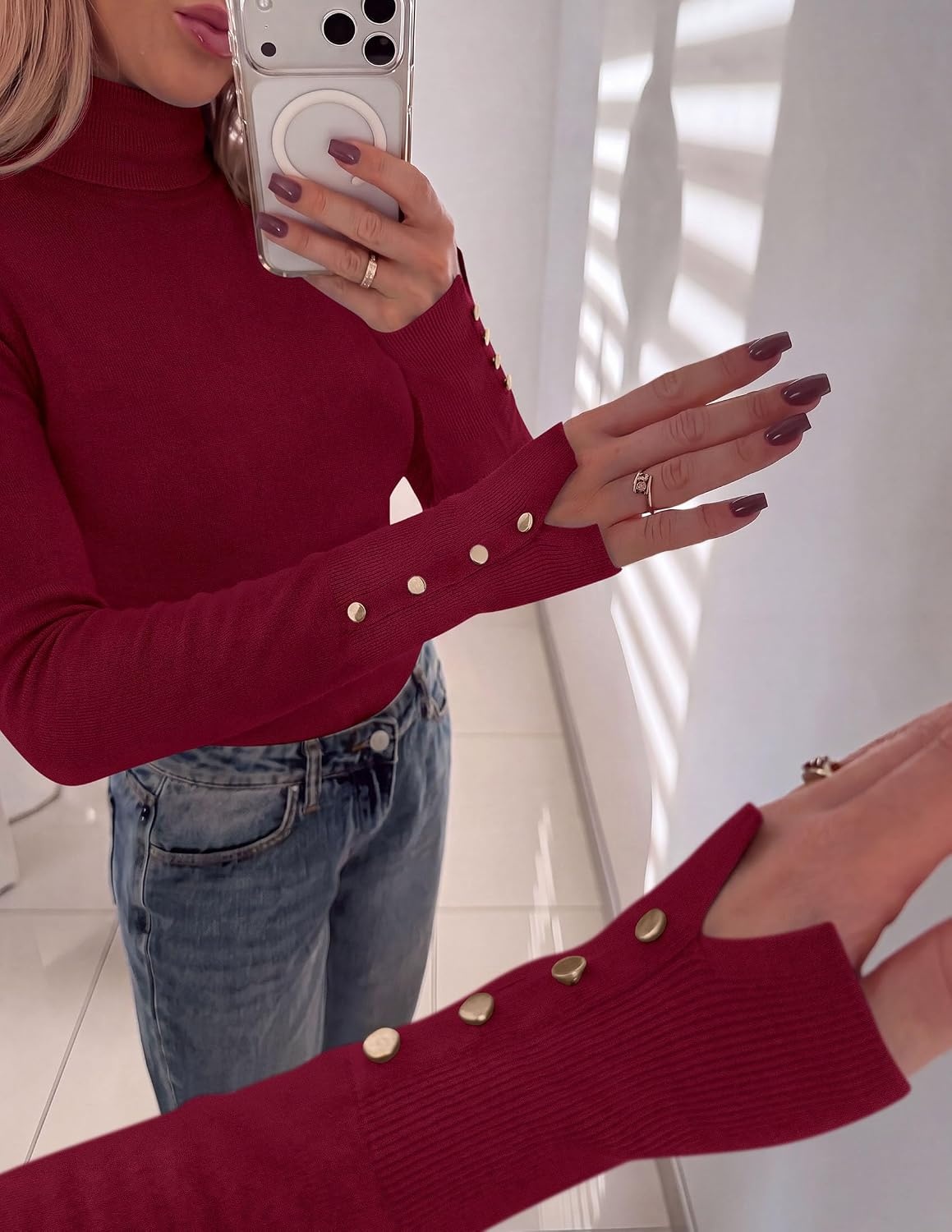 image:imagePRETTYGARDEN Women Turtleneck Sweaters Fall Long Sleeve TopsBurgundy