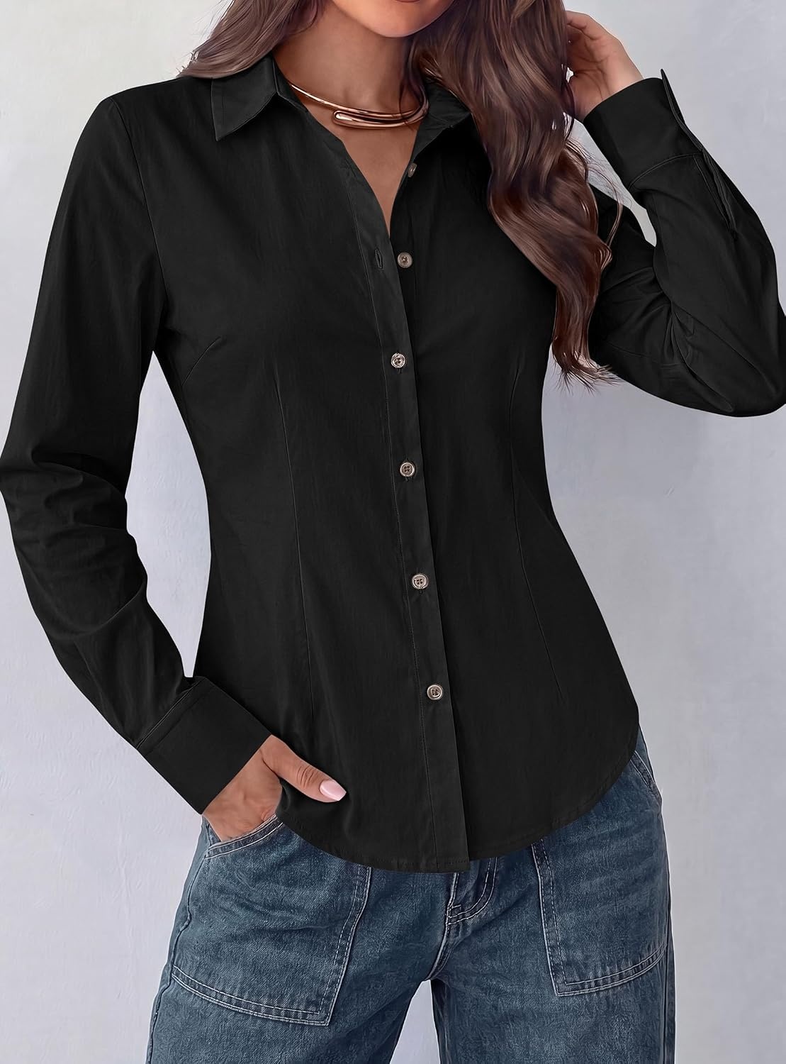 image:imagePRETTYGARDEN Womens Button Down Shirts Long Sleeve BlouseBlack