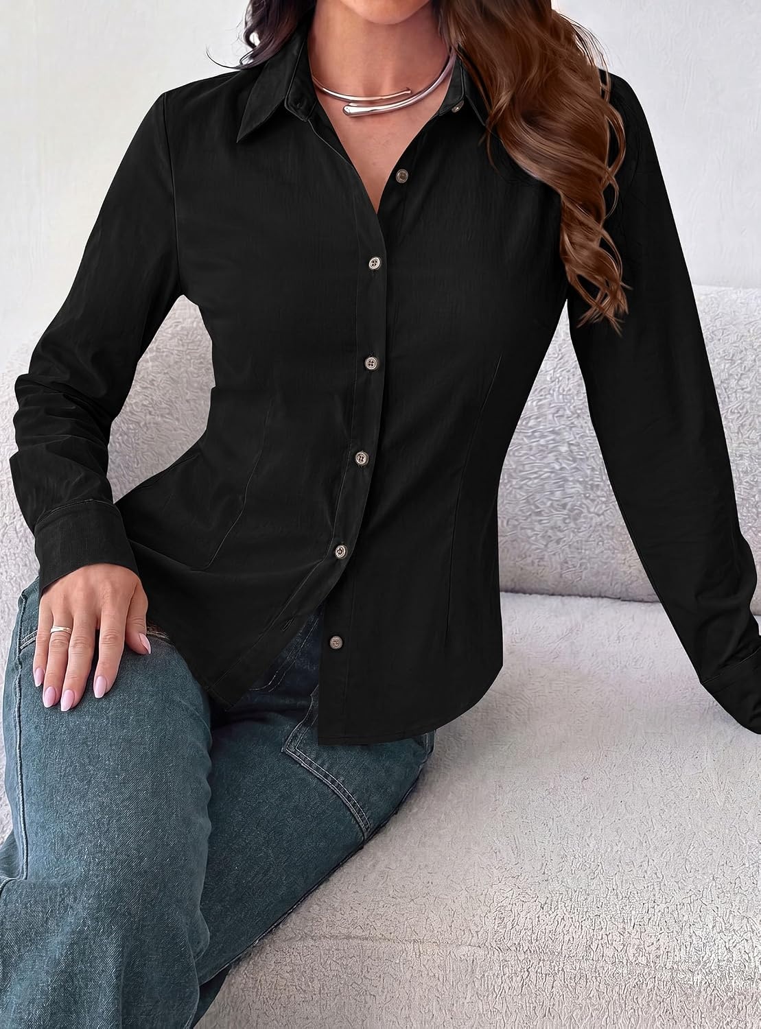 image:imagePRETTYGARDEN Womens Button Down Shirts Long Sleeve BlouseBlack