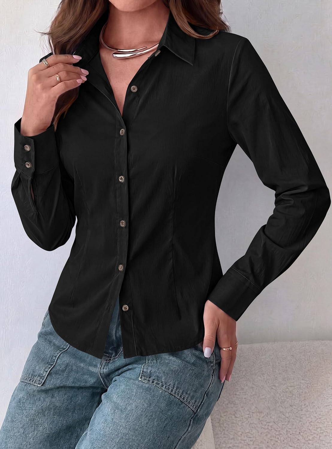 image:imagePRETTYGARDEN Womens Button Down Shirts Long Sleeve BlouseBlack
