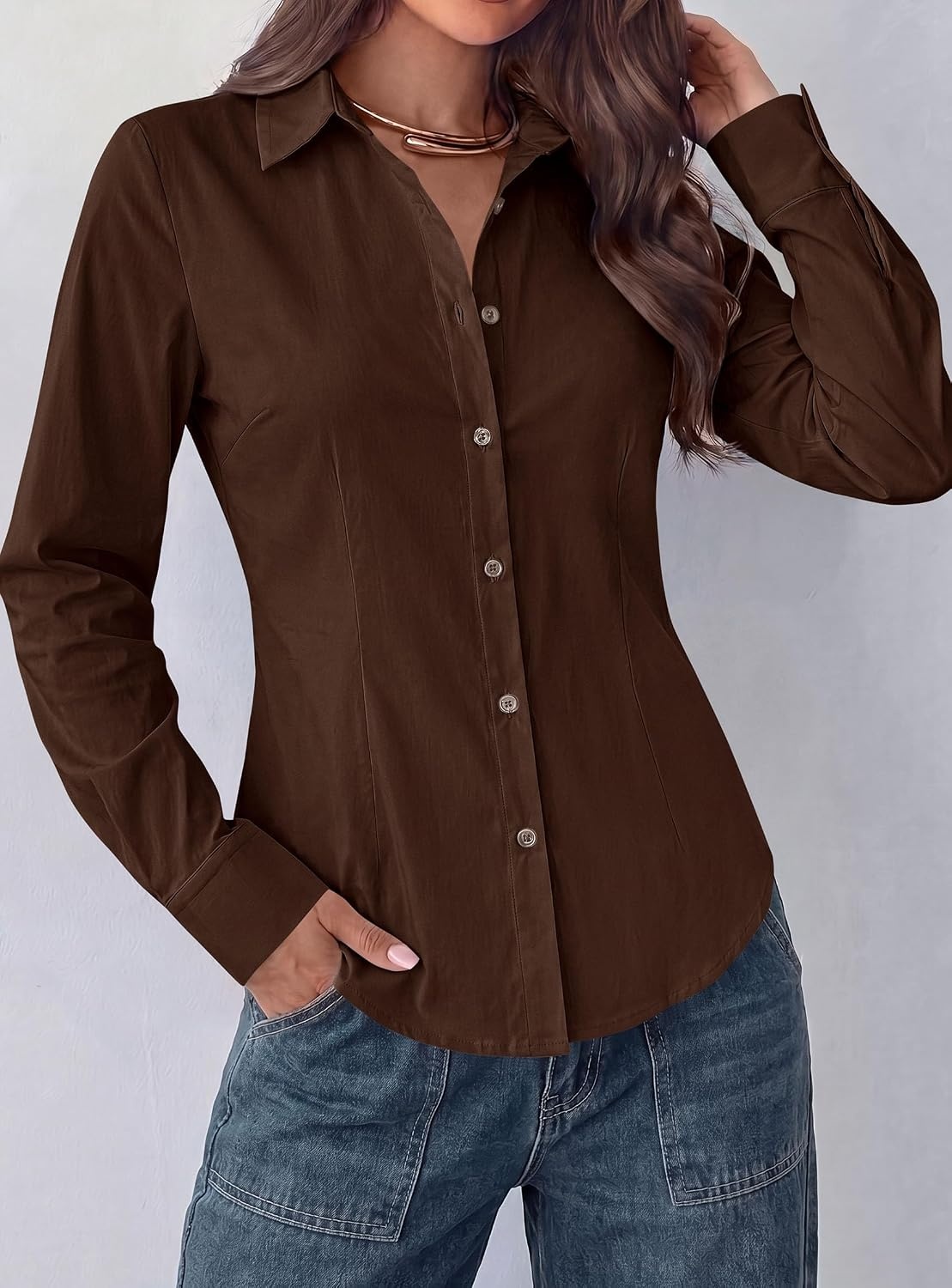 image:imagePRETTYGARDEN Womens Button Down Shirts Long Sleeve BlouseBrown