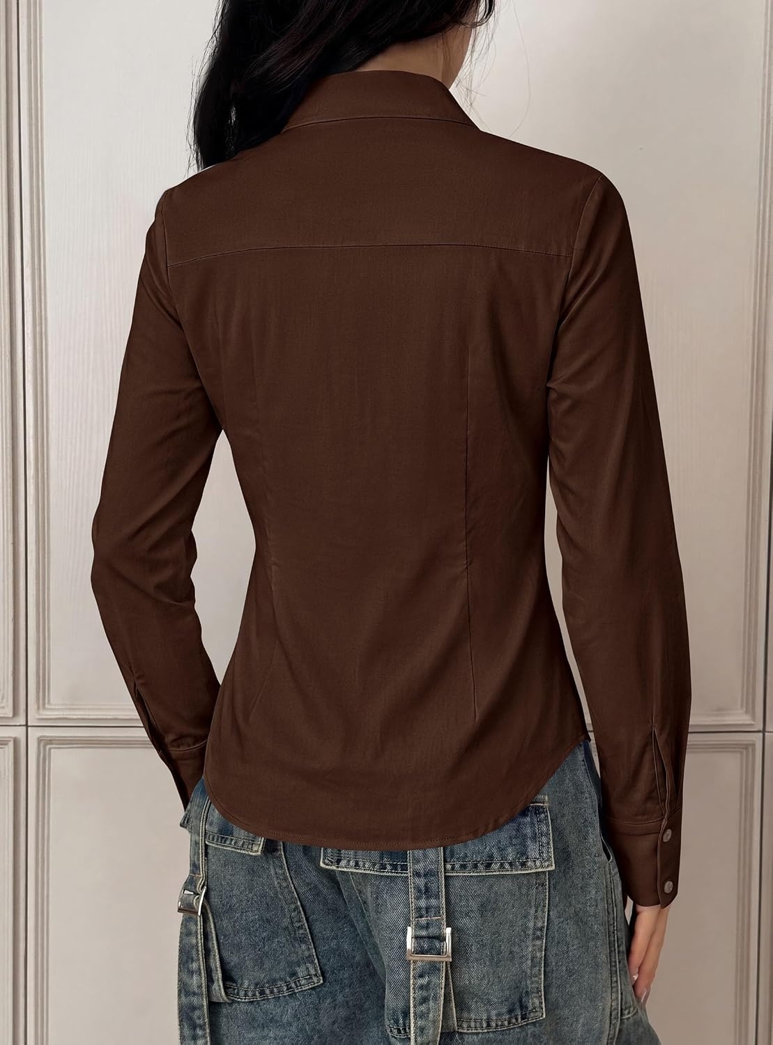 image:imagePRETTYGARDEN Womens Button Down Shirts Long Sleeve BlouseBrown