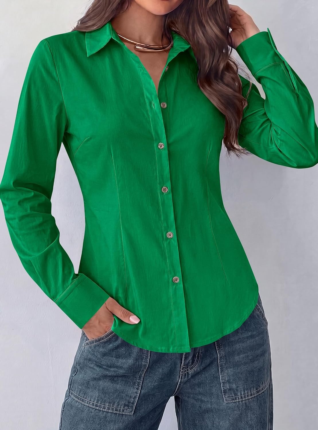image:imagePRETTYGARDEN Womens Button Down Shirts Long Sleeve BlouseGreen