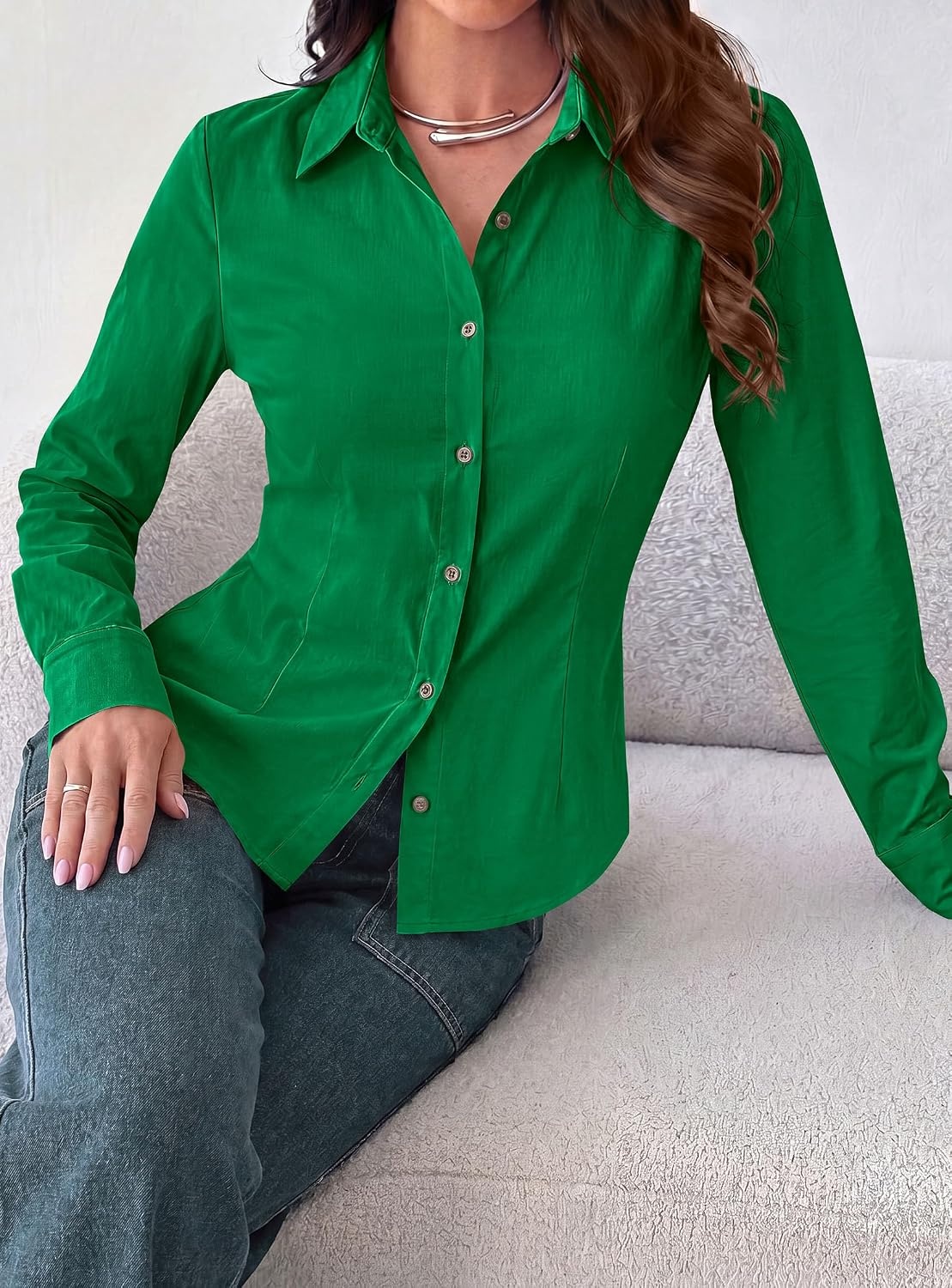 image:imagePRETTYGARDEN Womens Button Down Shirts Long Sleeve BlouseGreen