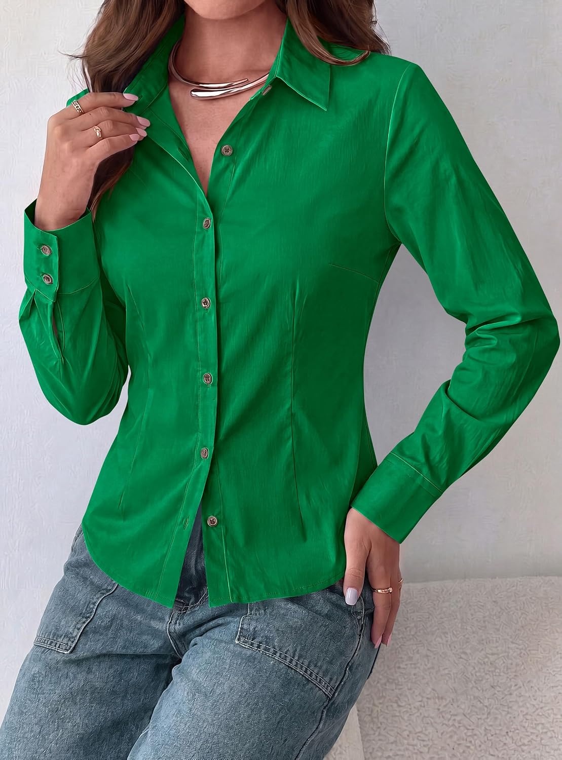 image:imagePRETTYGARDEN Womens Button Down Shirts Long Sleeve BlouseGreen