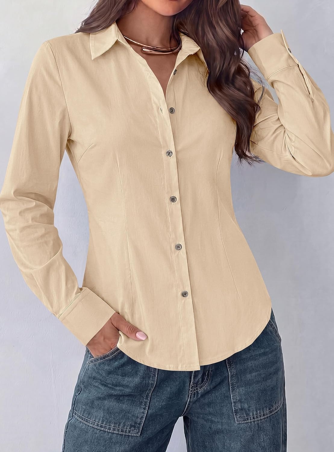 image:imagePRETTYGARDEN Womens Button Down Shirts Long Sleeve BlouseLight Khaki