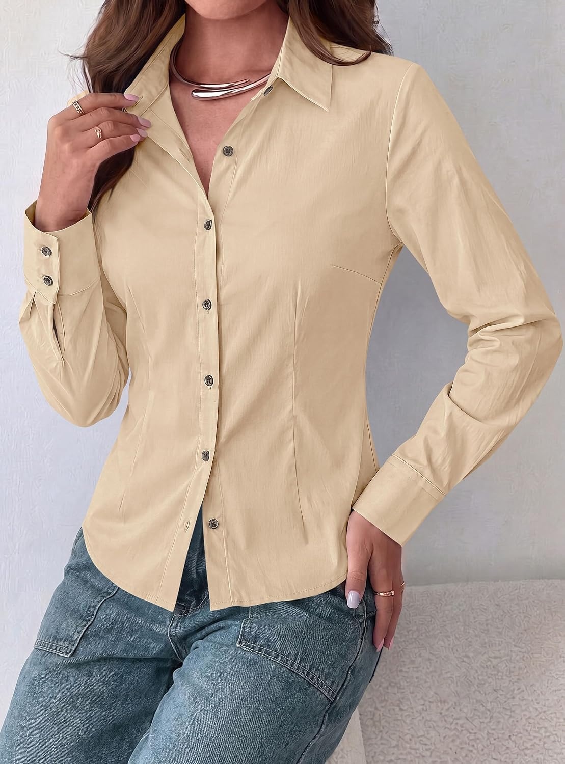 image:imagePRETTYGARDEN Womens Button Down Shirts Long Sleeve BlouseLight Khaki