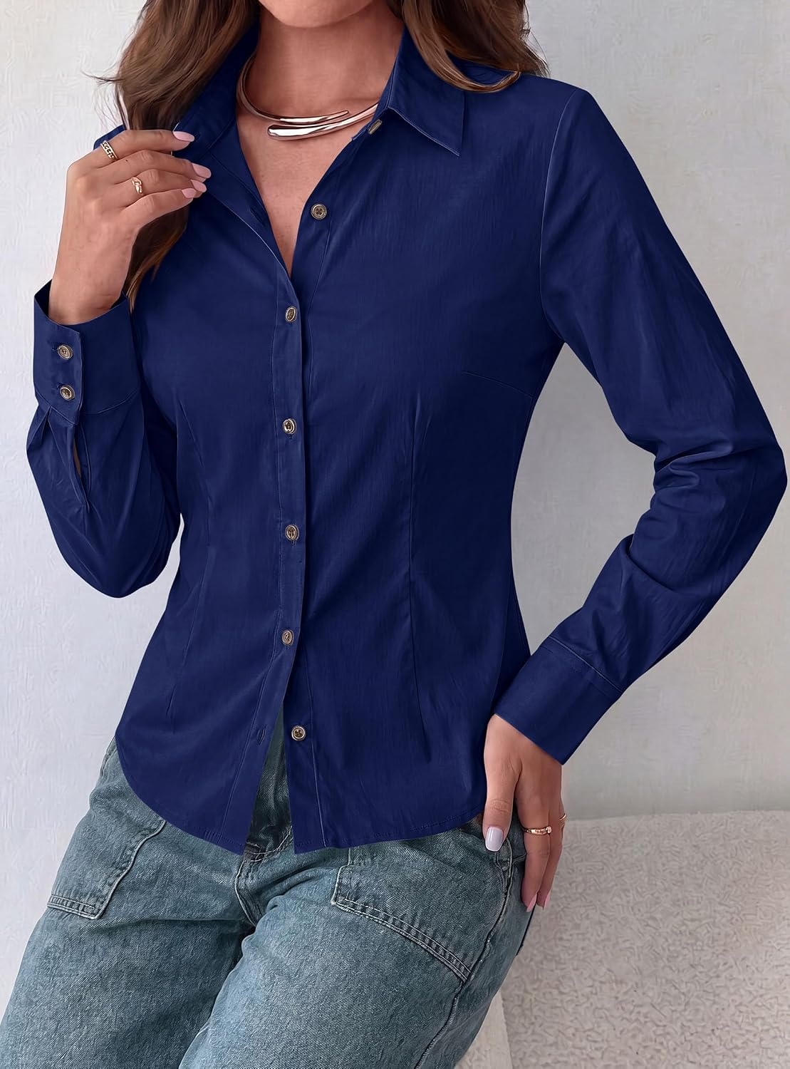 image:imagePRETTYGARDEN Womens Button Down Shirts Long Sleeve BlouseNavy
