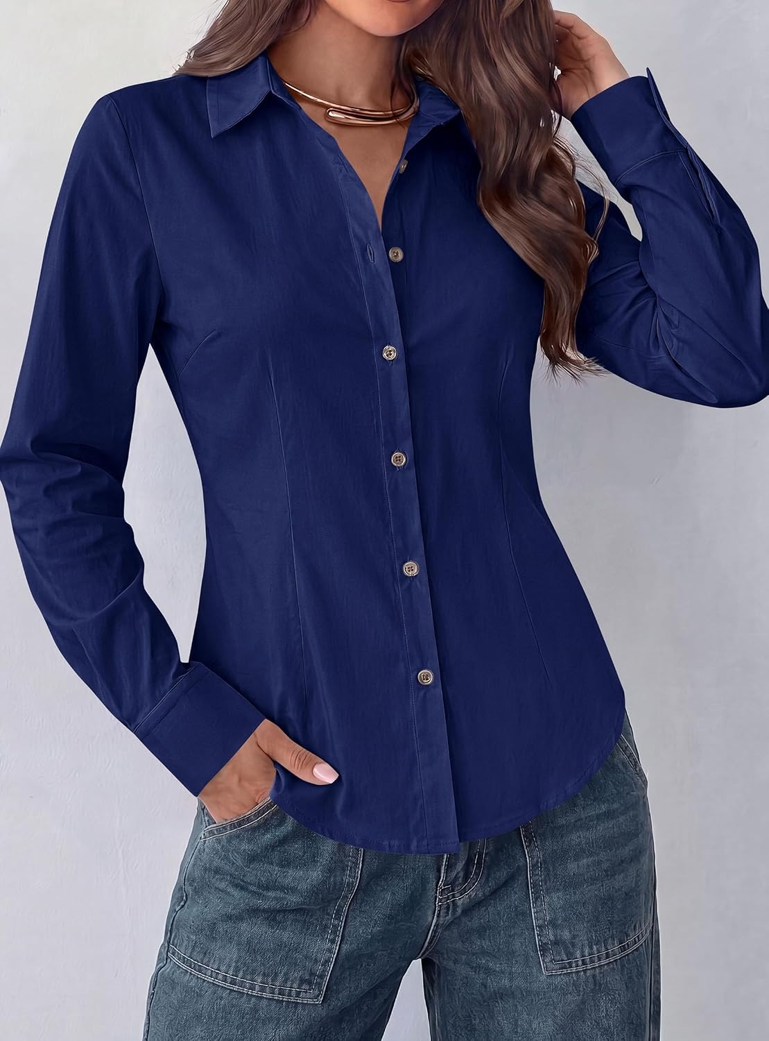 image:imagePRETTYGARDEN Womens Button Down Shirts Long Sleeve BlouseNavy
