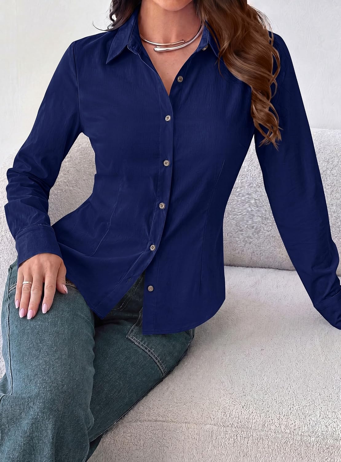 image:imagePRETTYGARDEN Womens Button Down Shirts Long Sleeve BlouseNavy