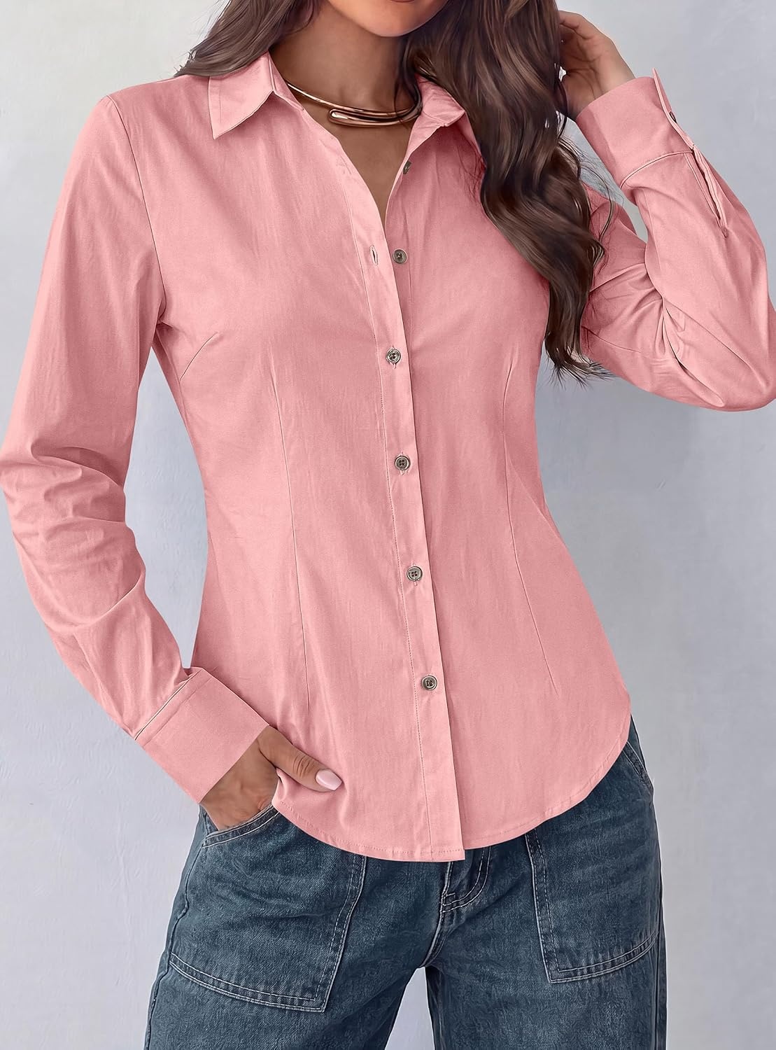 image:imagePRETTYGARDEN Womens Button Down Shirts Long Sleeve BlousePink