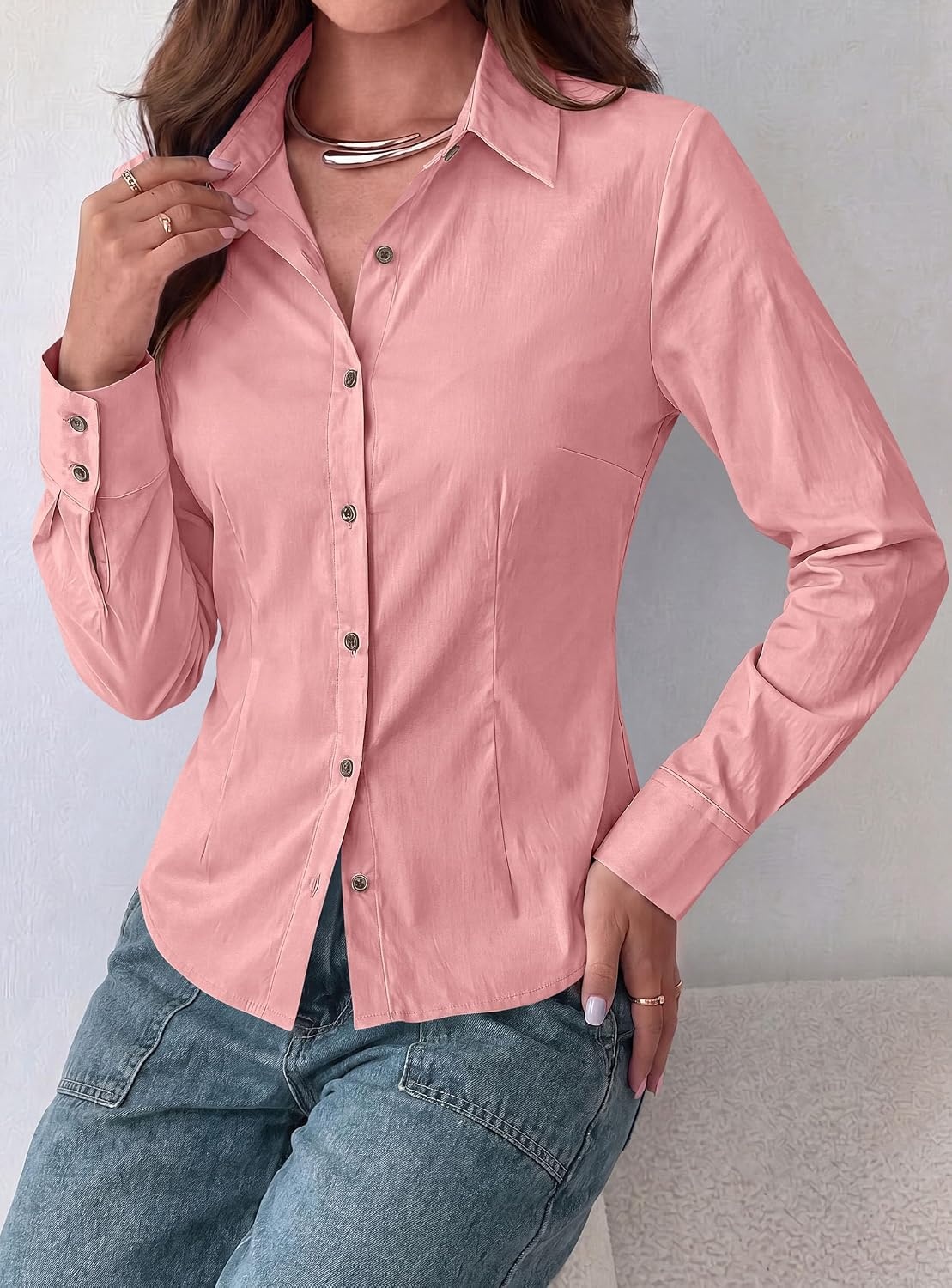image:imagePRETTYGARDEN Womens Button Down Shirts Long Sleeve BlousePink