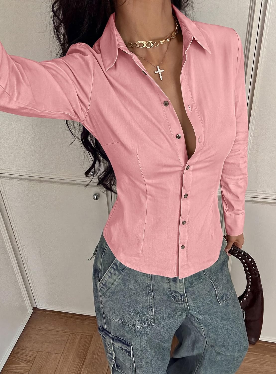 image:imagePRETTYGARDEN Womens Button Down Shirts Long Sleeve BlousePink