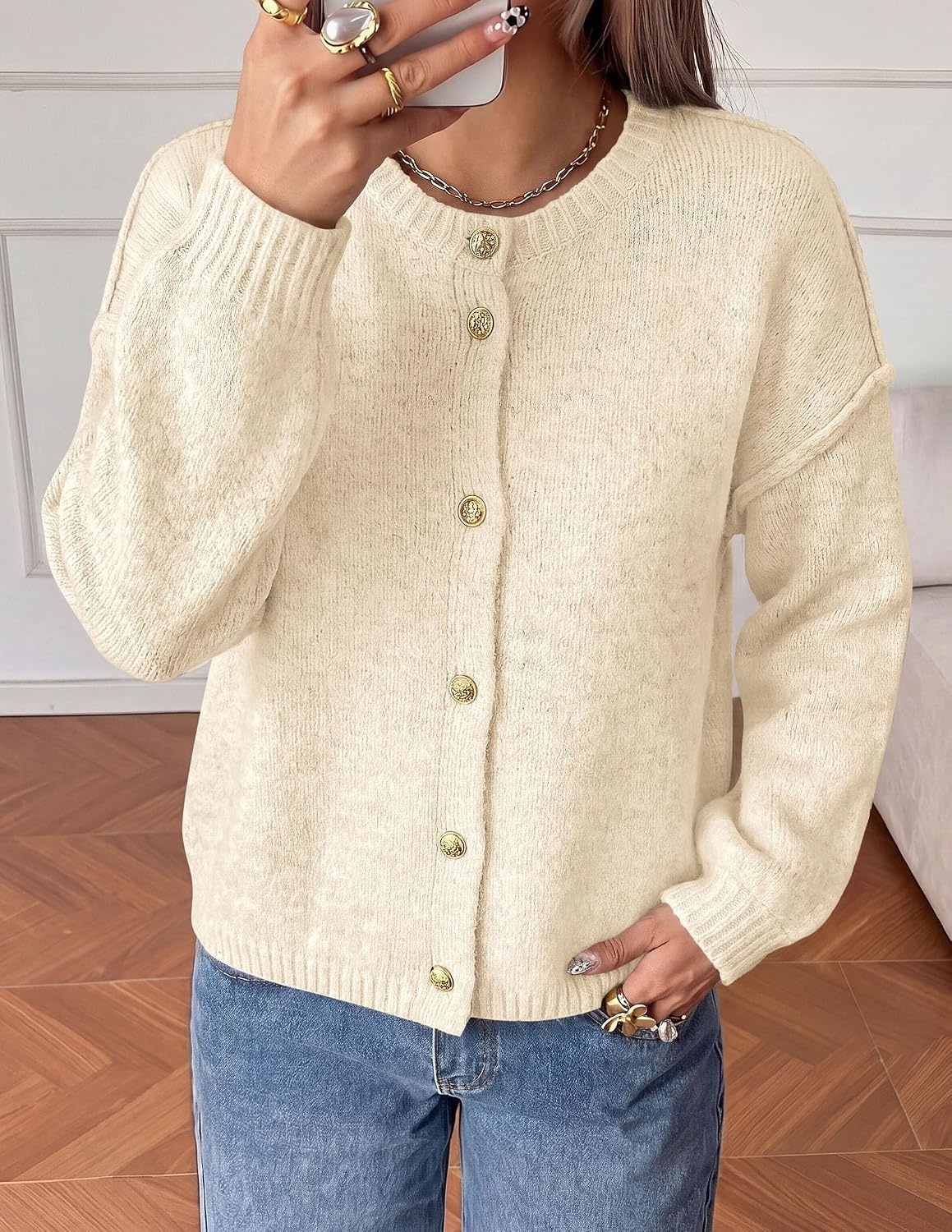 image:imagePRETTYGARDEN Womens Button up Chunky Knit Cardigan SweatersApricot