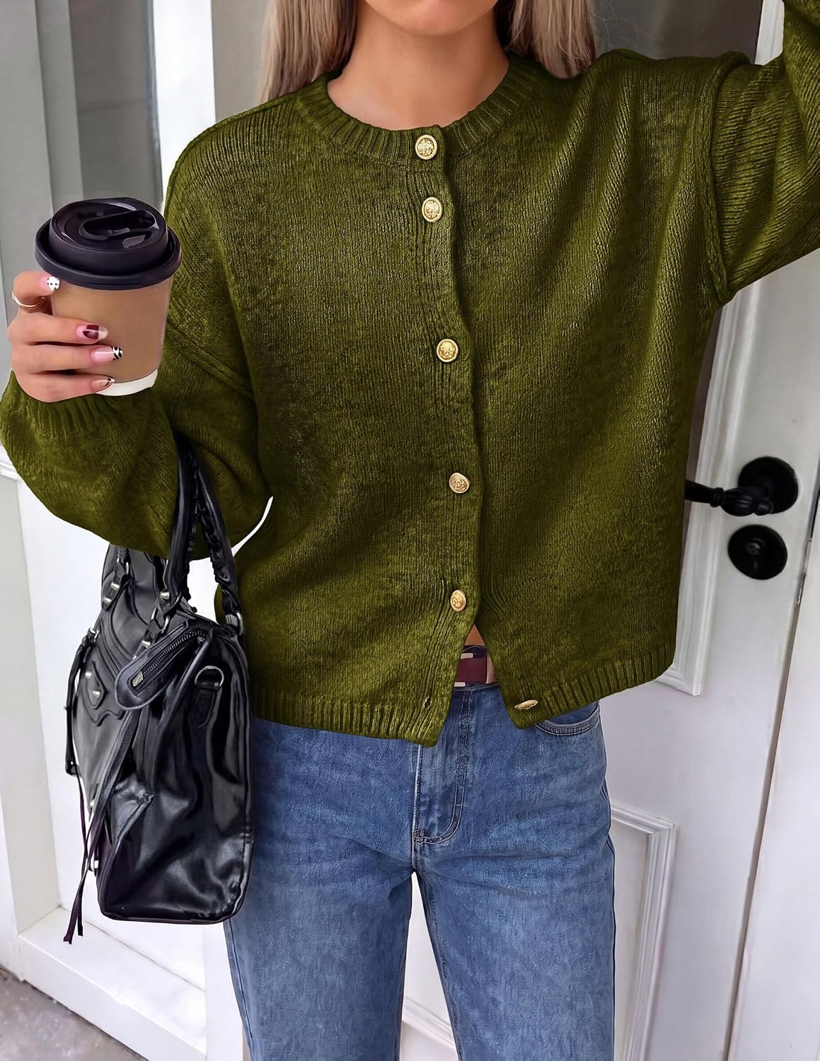 image:imagePRETTYGARDEN Womens Button up Chunky Knit Cardigan SweatersArmy Green