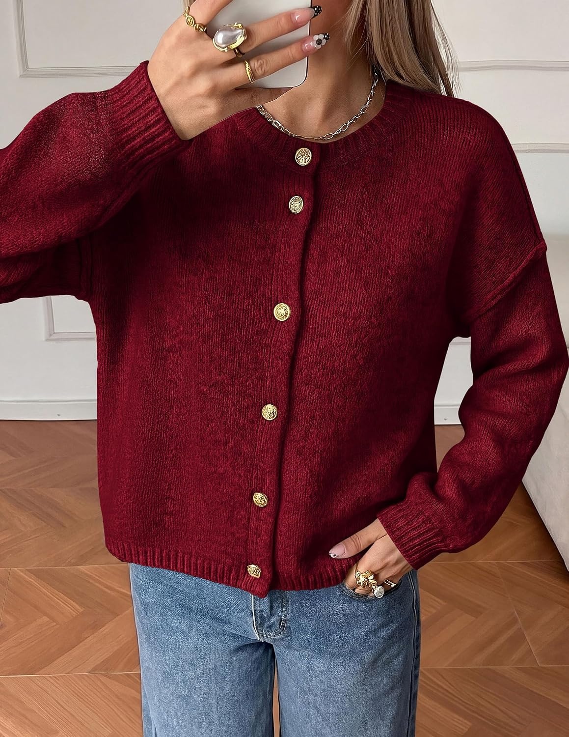 image:imagePRETTYGARDEN Womens Button up Chunky Knit Cardigan SweatersBurgundy