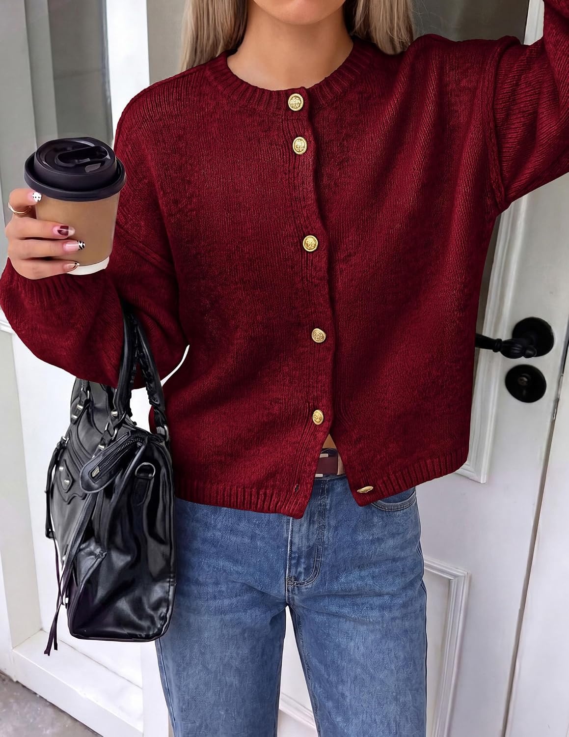 image:imagePRETTYGARDEN Womens Button up Chunky Knit Cardigan SweatersBurgundy