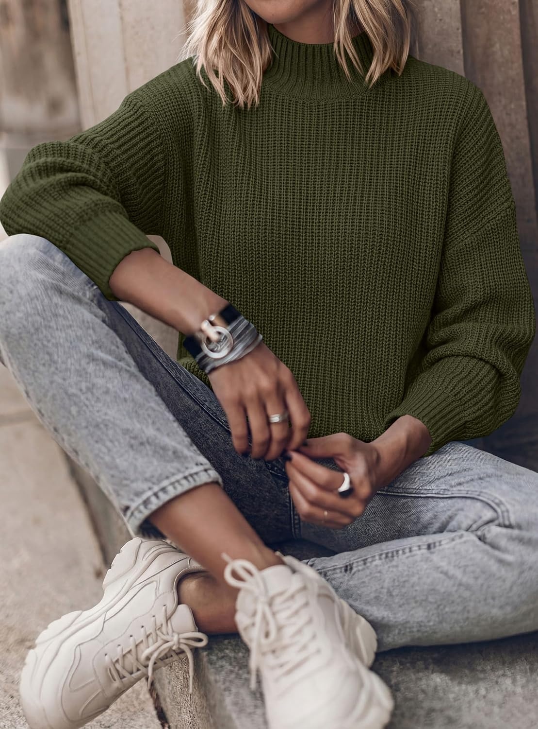 image:imagePRETTYGARDEN Womens Chunky Knit Pullover Mock Neck SweatersArmy Green