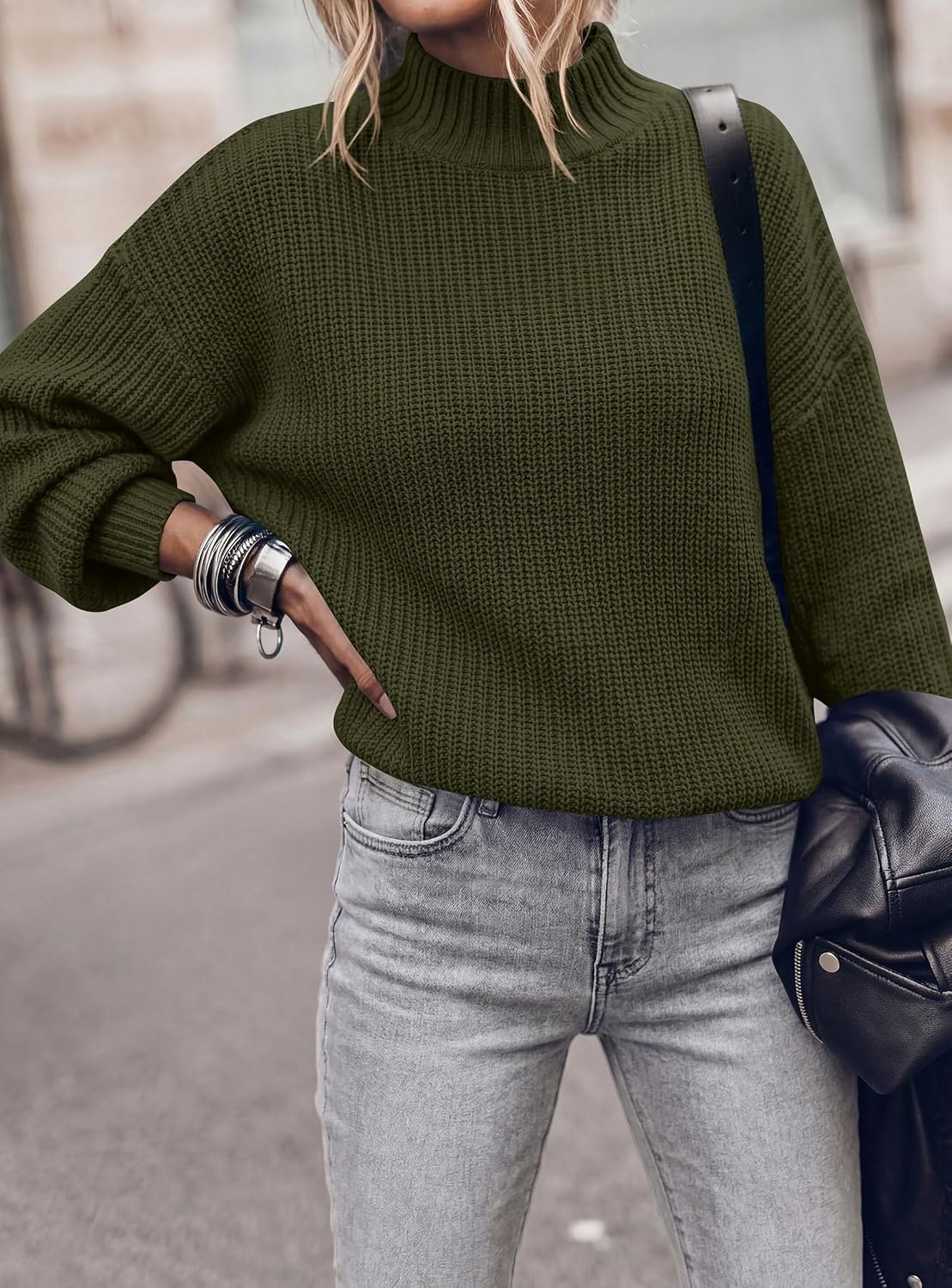 image:imagePRETTYGARDEN Womens Chunky Knit Pullover Mock Neck SweatersArmy Green