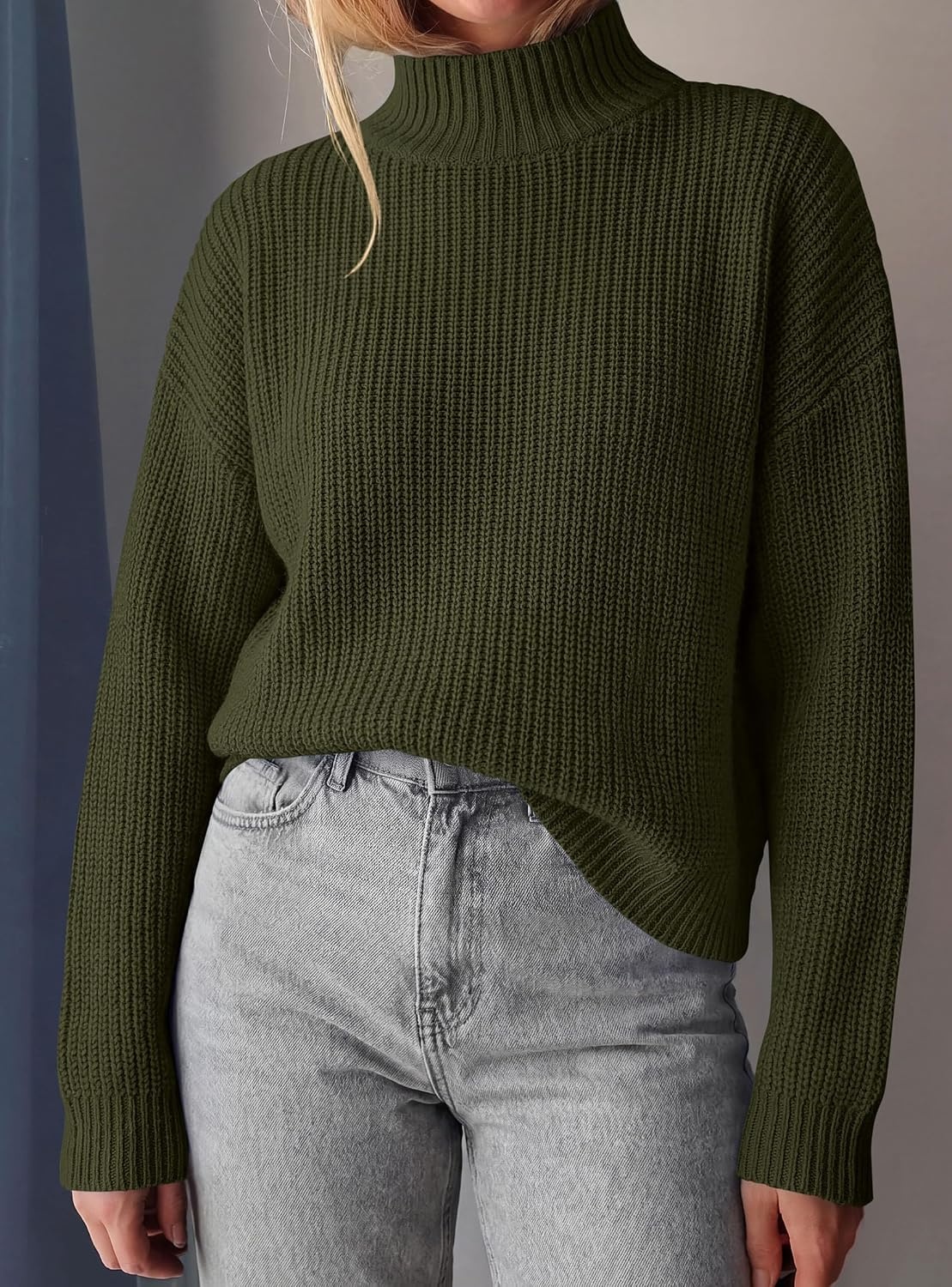 image:imagePRETTYGARDEN Womens Chunky Knit Pullover Mock Neck SweatersArmy Green