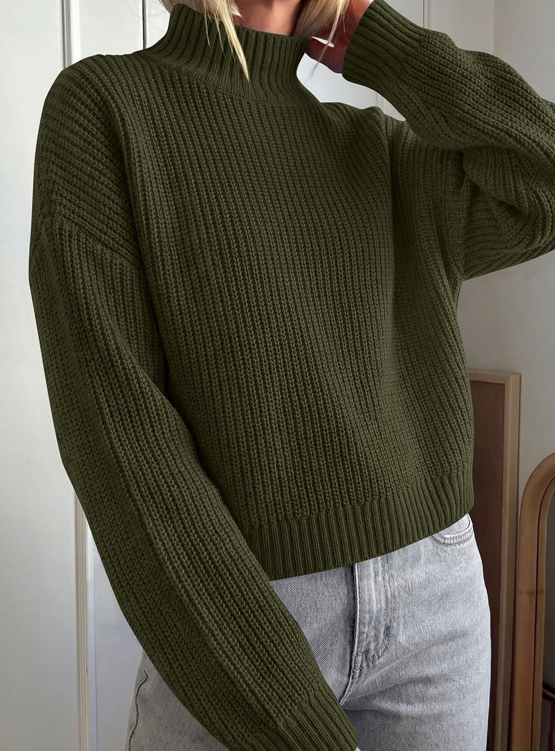 image:imagePRETTYGARDEN Womens Chunky Knit Pullover Mock Neck SweatersArmy Green