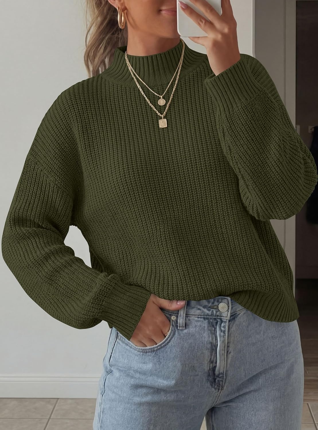 image:imagePRETTYGARDEN Womens Chunky Knit Pullover Mock Neck SweatersArmy Green