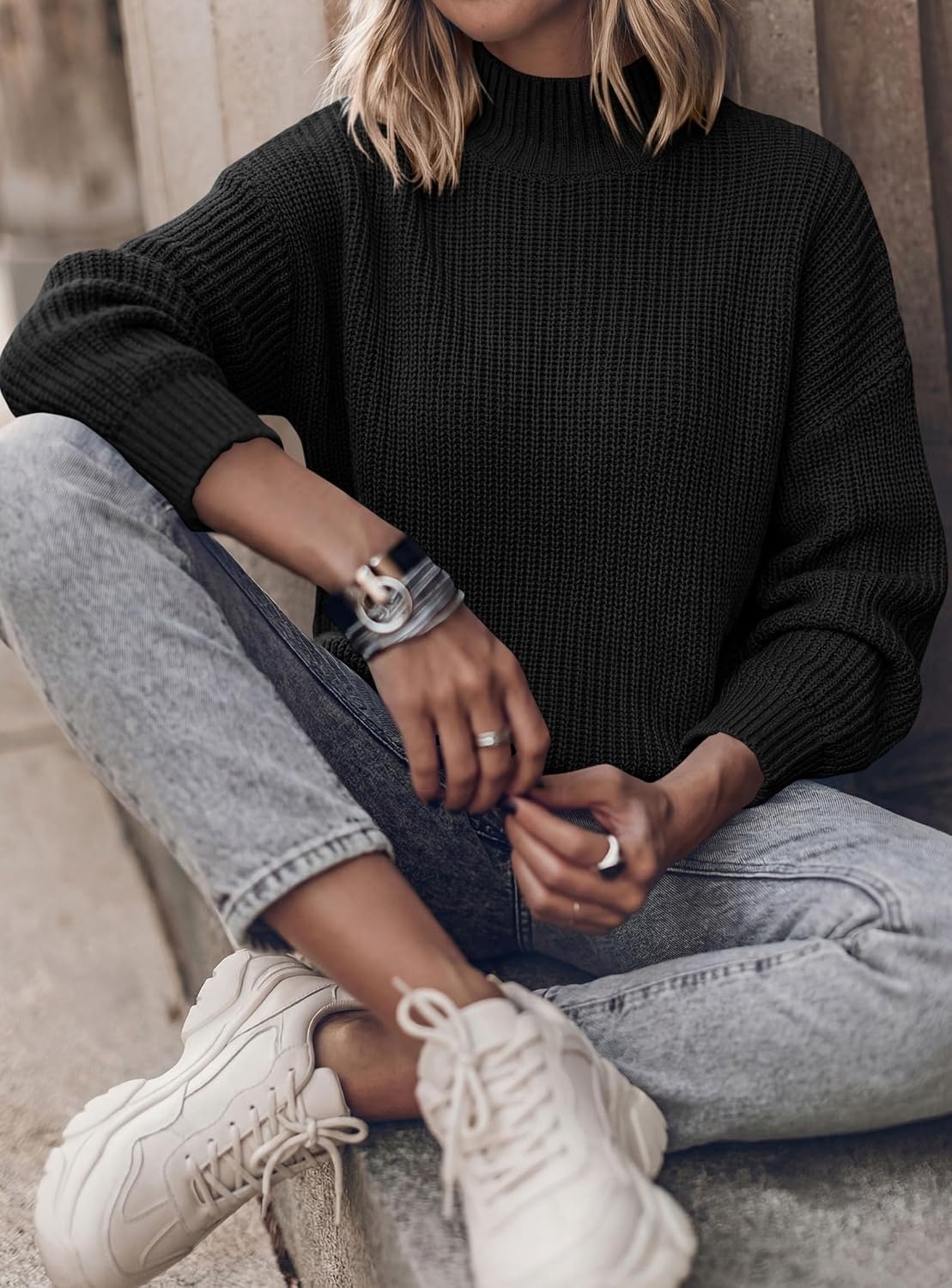 image:imagePRETTYGARDEN Womens Chunky Knit Pullover Mock Neck SweatersBlack