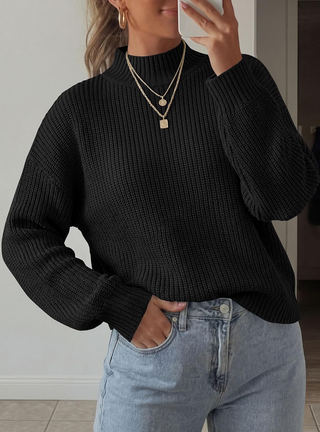 image:imagePRETTYGARDEN Womens Chunky Knit Pullover Mock Neck SweatersBlack