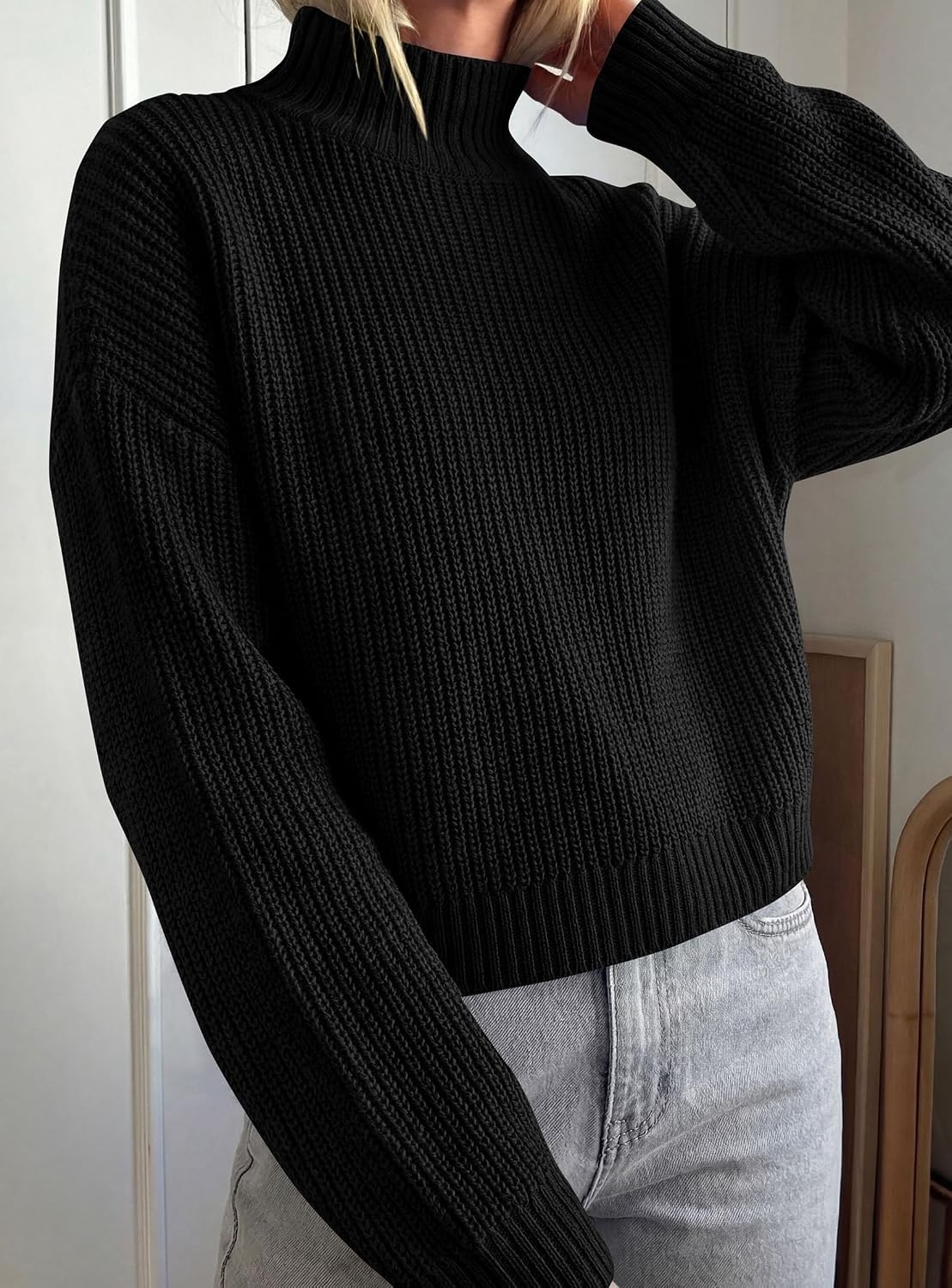 image:imagePRETTYGARDEN Womens Chunky Knit Pullover Mock Neck SweatersBlack