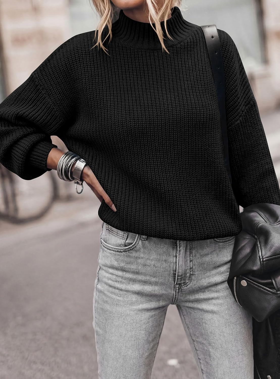 image:imagePRETTYGARDEN Womens Chunky Knit Pullover Mock Neck SweatersBlack