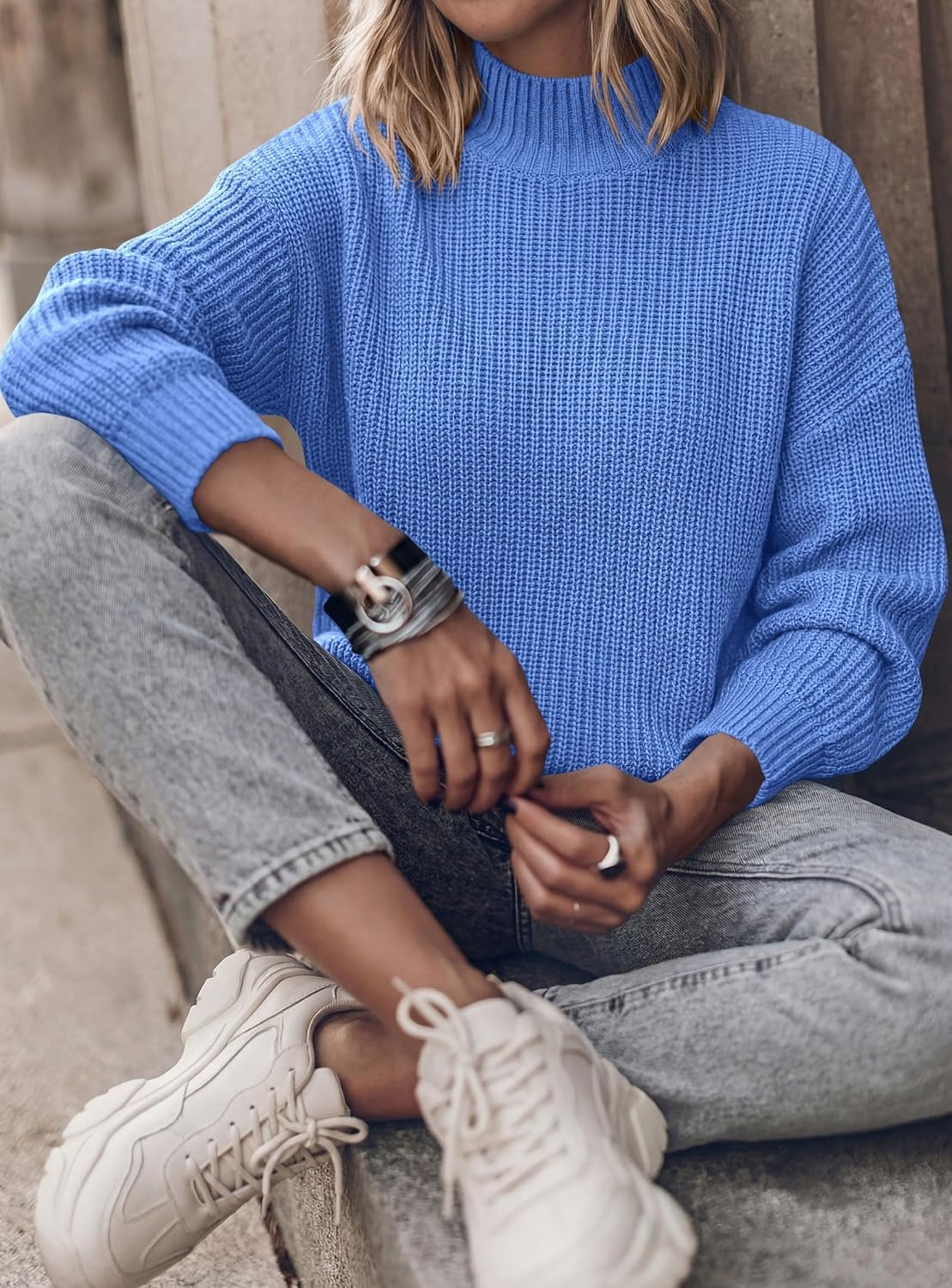 image:imagePRETTYGARDEN Womens Chunky Knit Pullover Mock Neck SweatersBlue