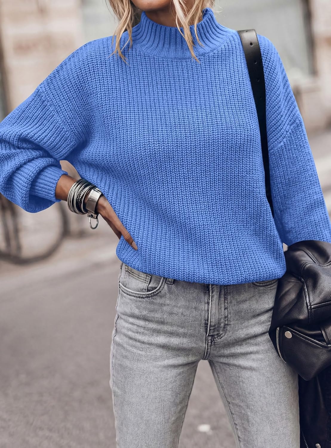 image:imagePRETTYGARDEN Womens Chunky Knit Pullover Mock Neck SweatersBlue