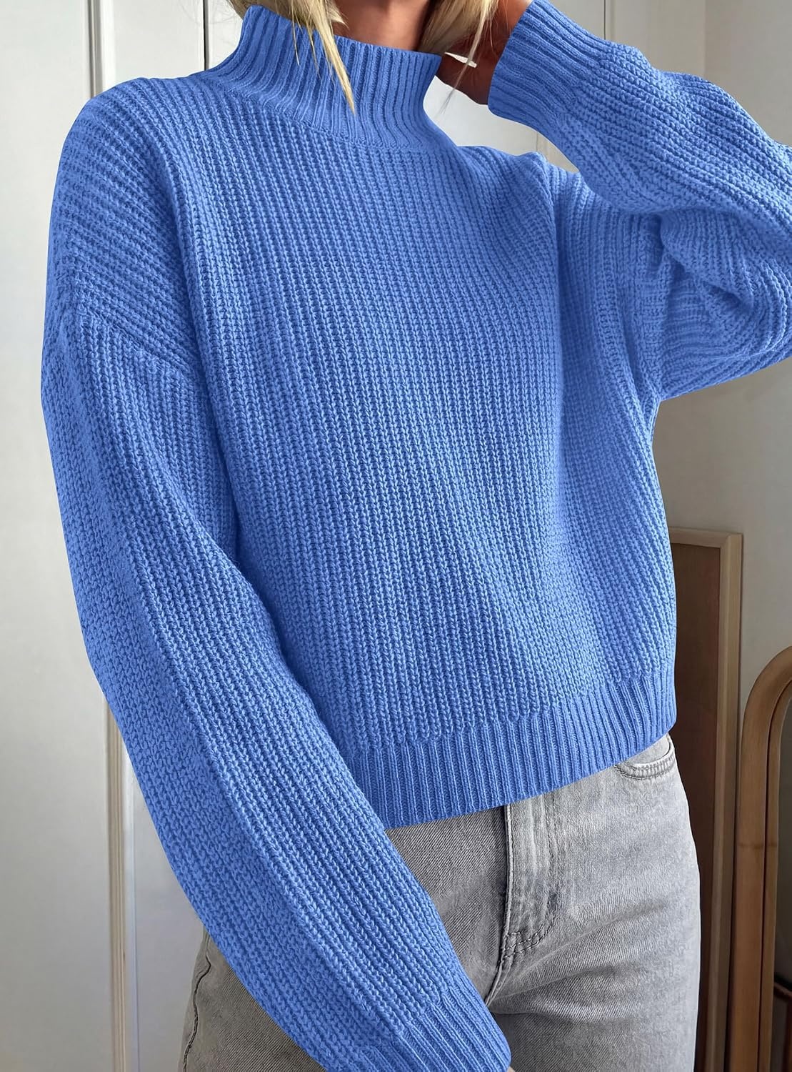 image:imagePRETTYGARDEN Womens Chunky Knit Pullover Mock Neck SweatersBlue