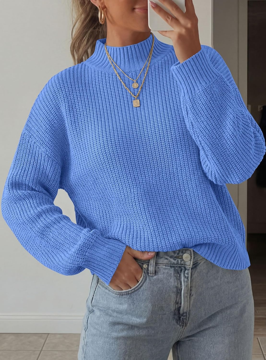 image:imagePRETTYGARDEN Womens Chunky Knit Pullover Mock Neck SweatersBlue