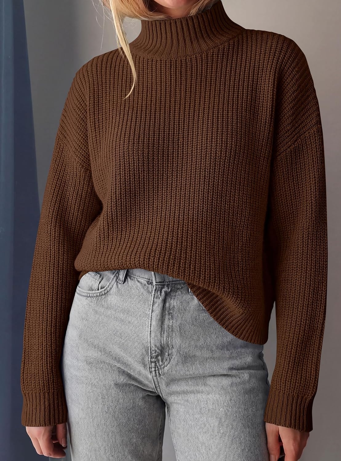 image:imagePRETTYGARDEN Womens Chunky Knit Pullover Mock Neck SweatersBrown