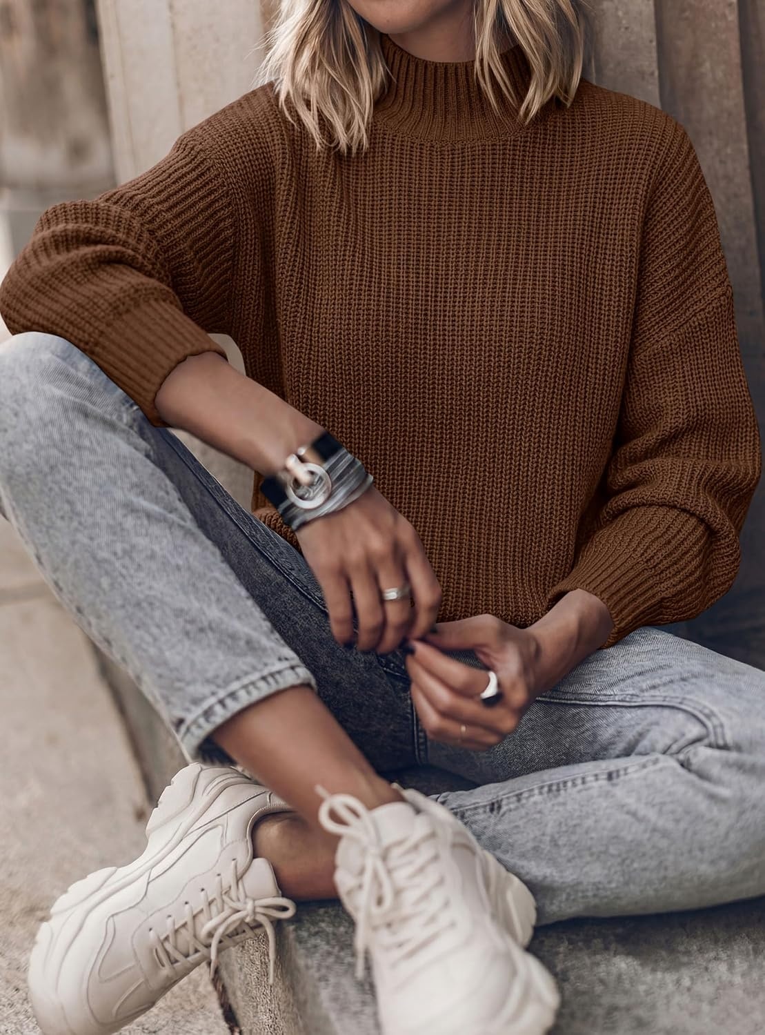 image:imagePRETTYGARDEN Womens Chunky Knit Pullover Mock Neck SweatersBrown