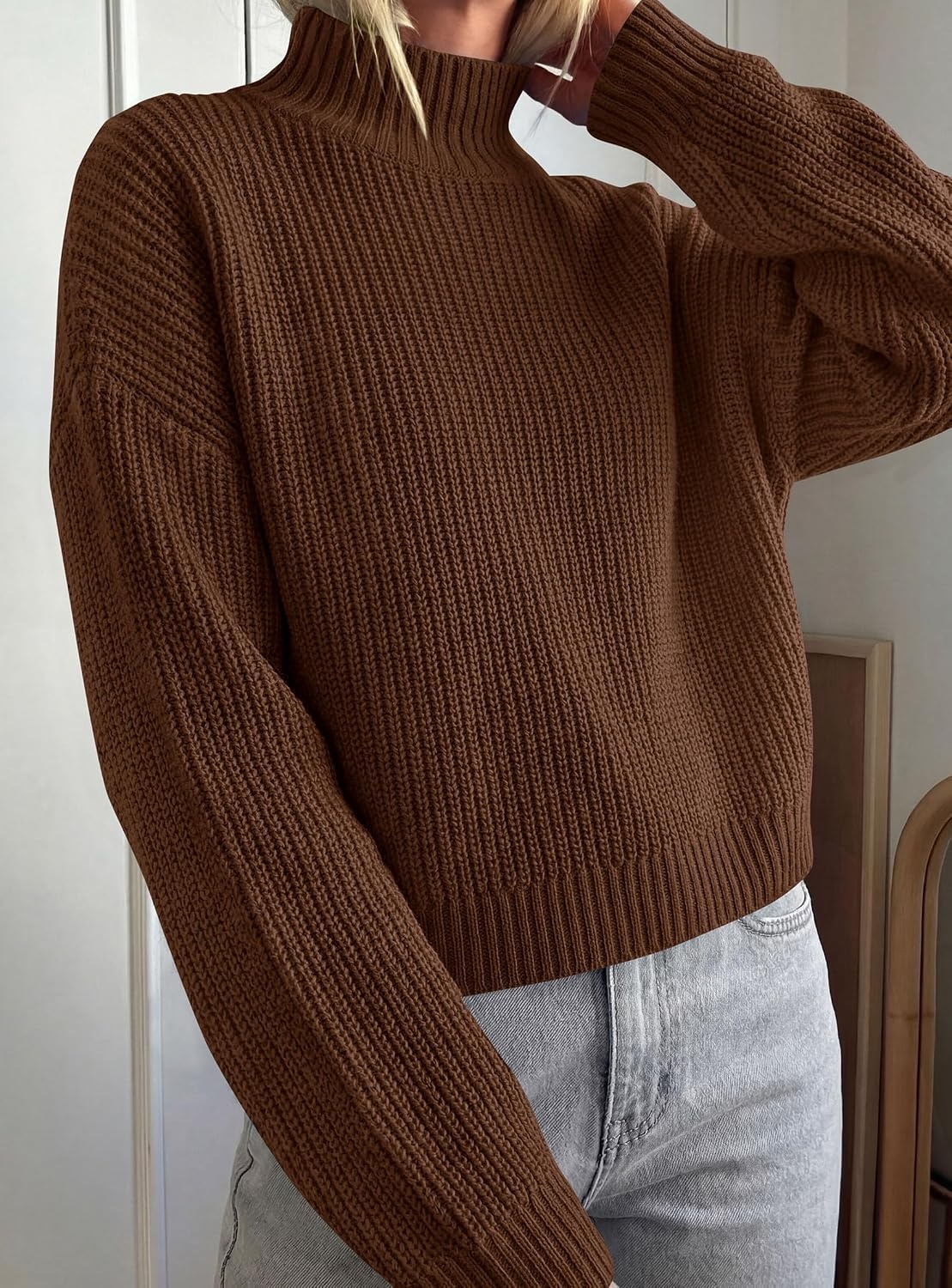 image:imagePRETTYGARDEN Womens Chunky Knit Pullover Mock Neck SweatersBrown