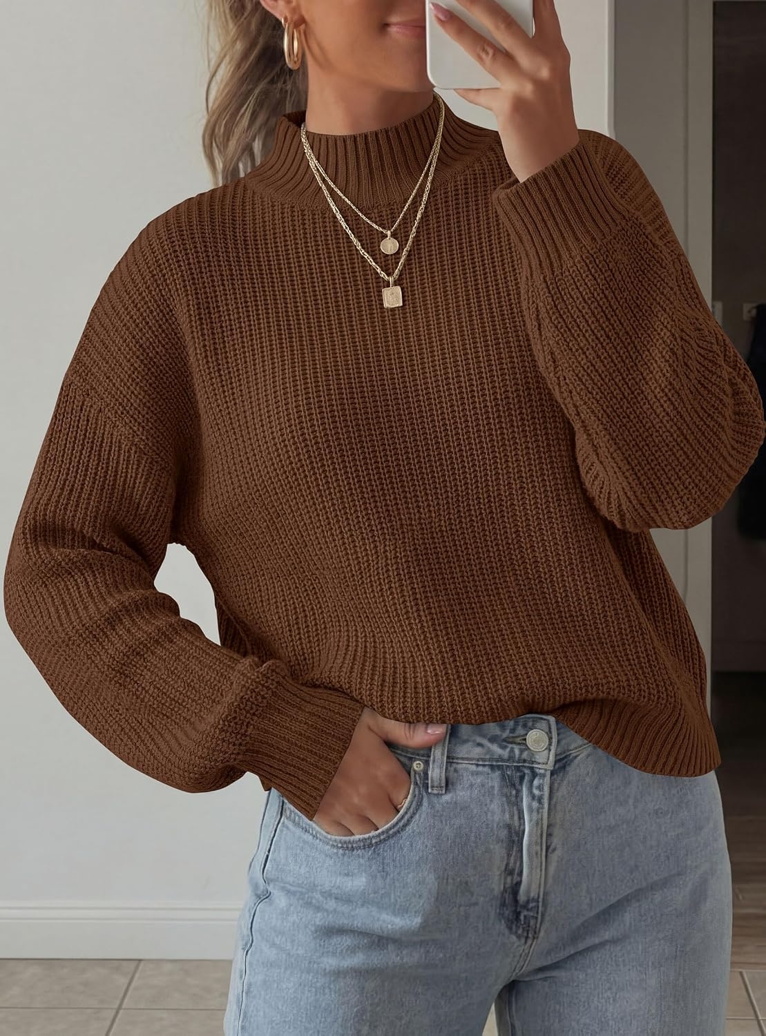 image:imagePRETTYGARDEN Womens Chunky Knit Pullover Mock Neck SweatersBrown
