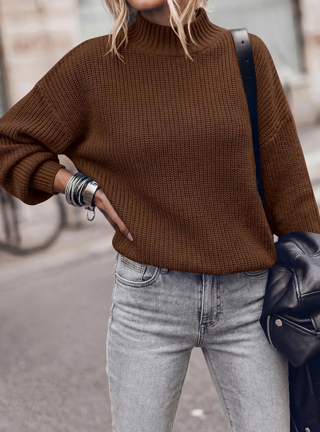 image:imagePRETTYGARDEN Womens Chunky Knit Pullover Mock Neck SweatersBrown