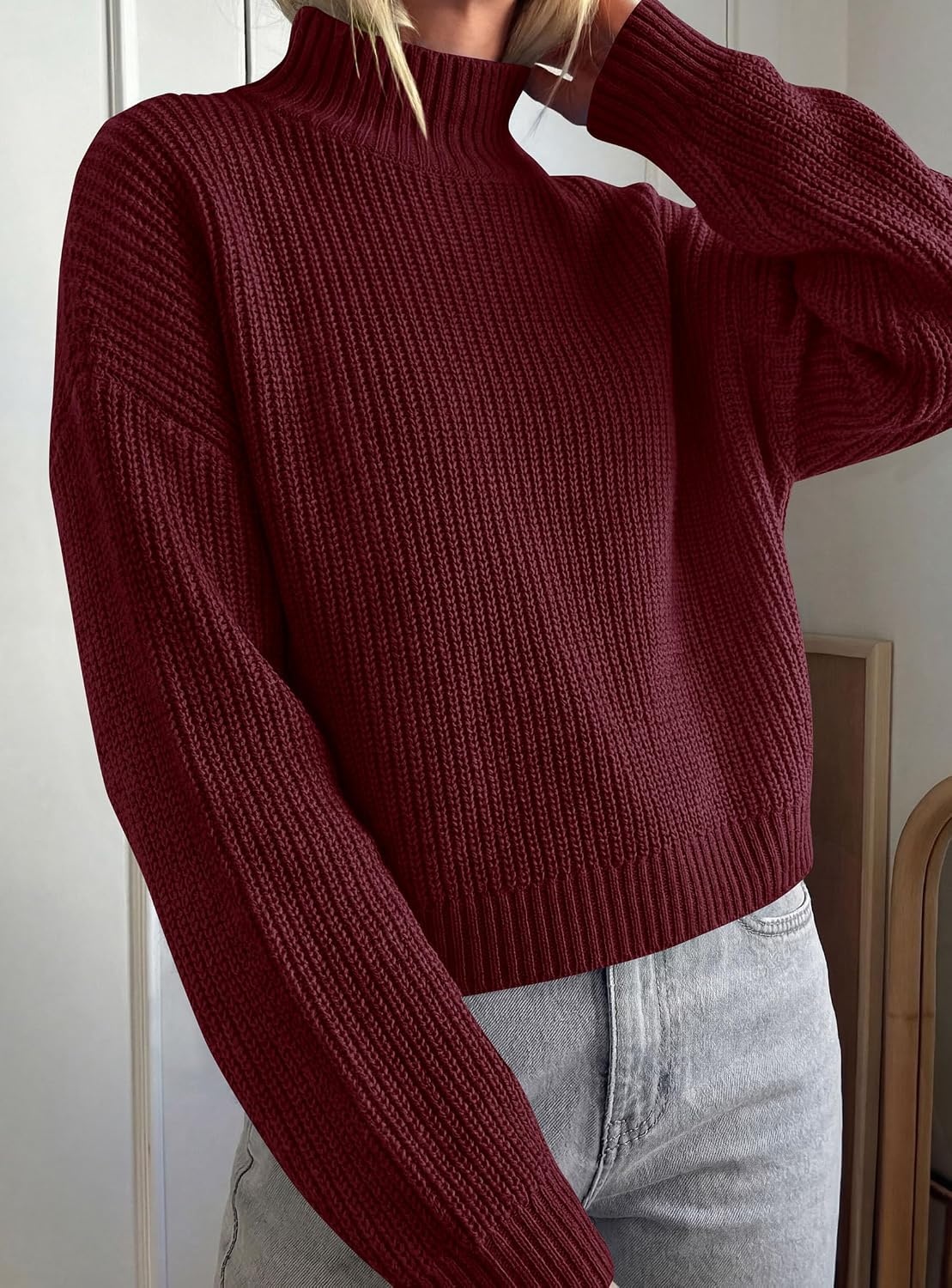 image:imagePRETTYGARDEN Womens Chunky Knit Pullover Mock Neck SweatersBurgundy