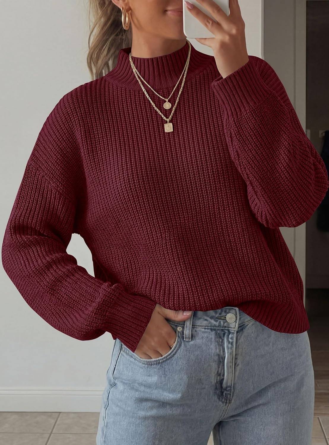 image:imagePRETTYGARDEN Womens Chunky Knit Pullover Mock Neck SweatersBurgundy