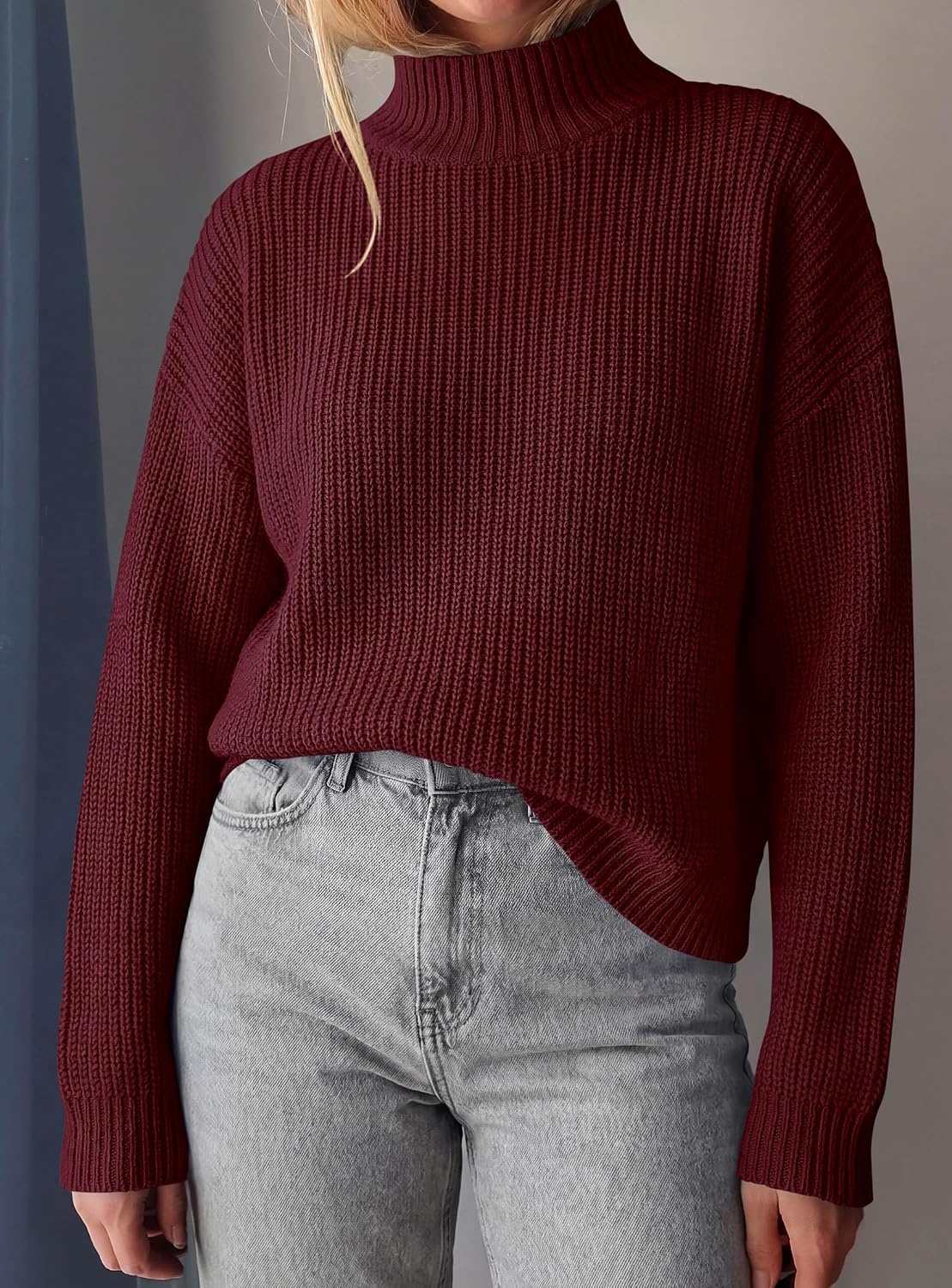 image:imagePRETTYGARDEN Womens Chunky Knit Pullover Mock Neck SweatersBurgundy