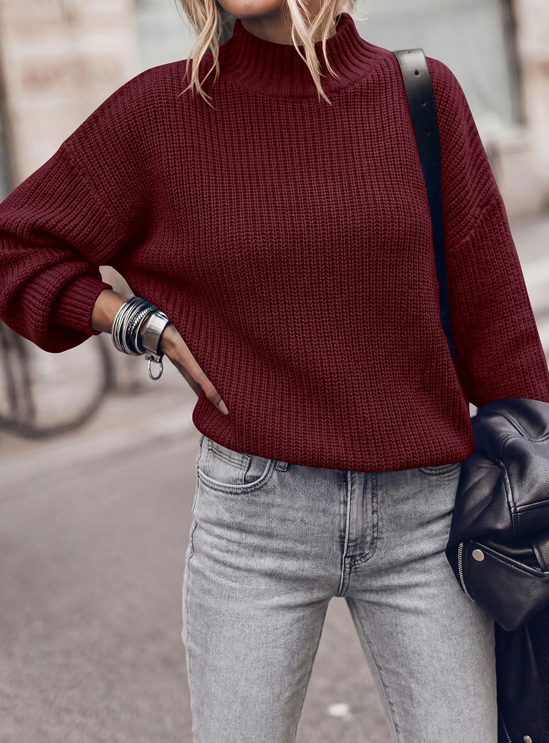 image:imagePRETTYGARDEN Womens Chunky Knit Pullover Mock Neck SweatersBurgundy