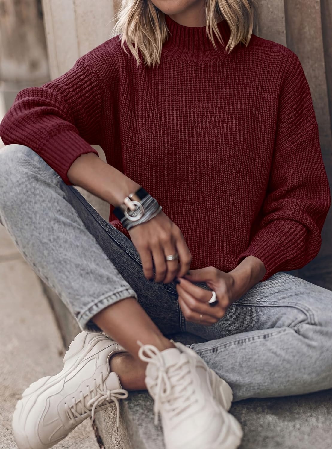 image:imagePRETTYGARDEN Womens Chunky Knit Pullover Mock Neck SweatersBurgundy